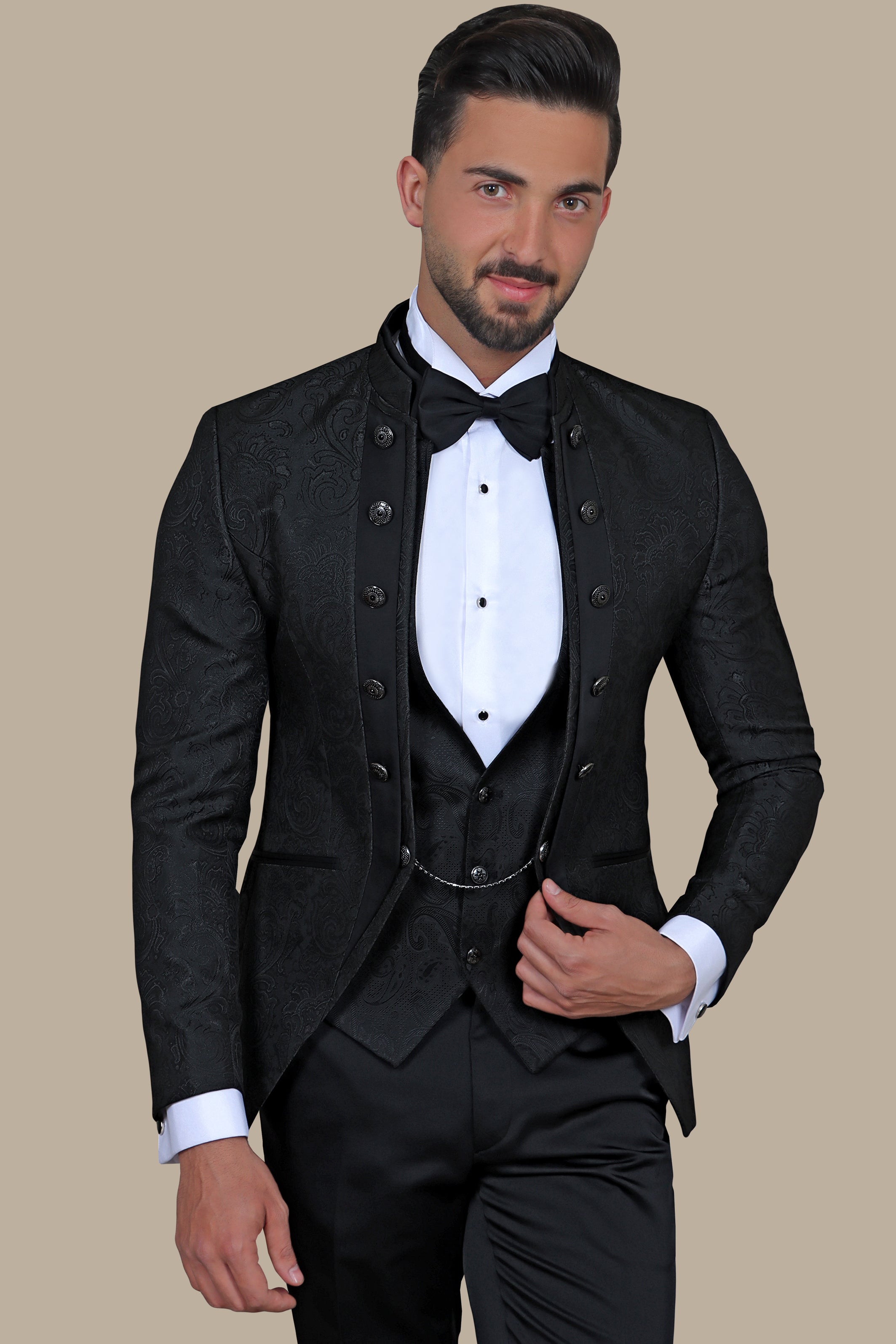 Black Cashmere Patterned 4-Piece Collar Tuxedo Ensemble