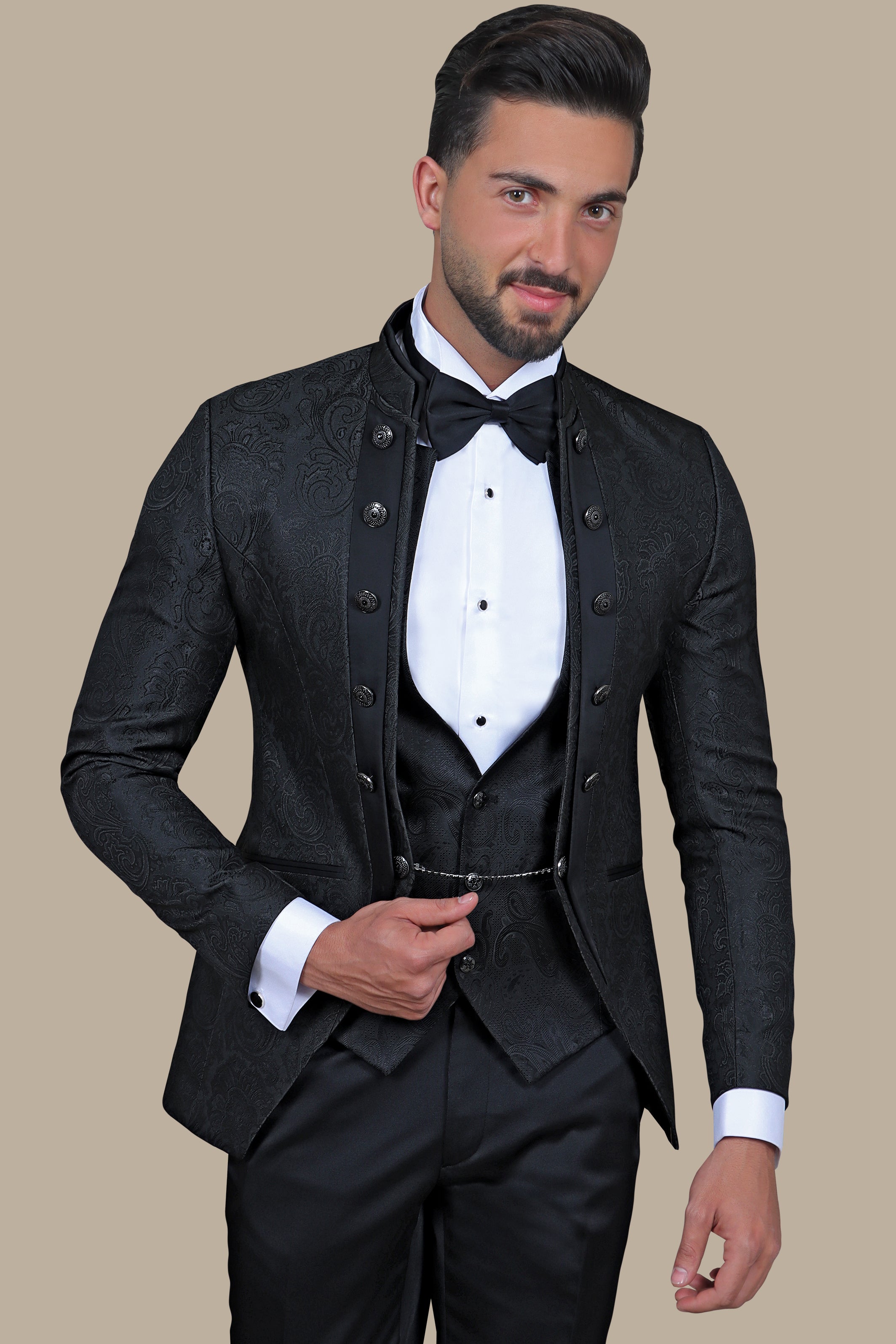 Black Cashmere Patterned 4-Piece Collar Tuxedo Ensemble