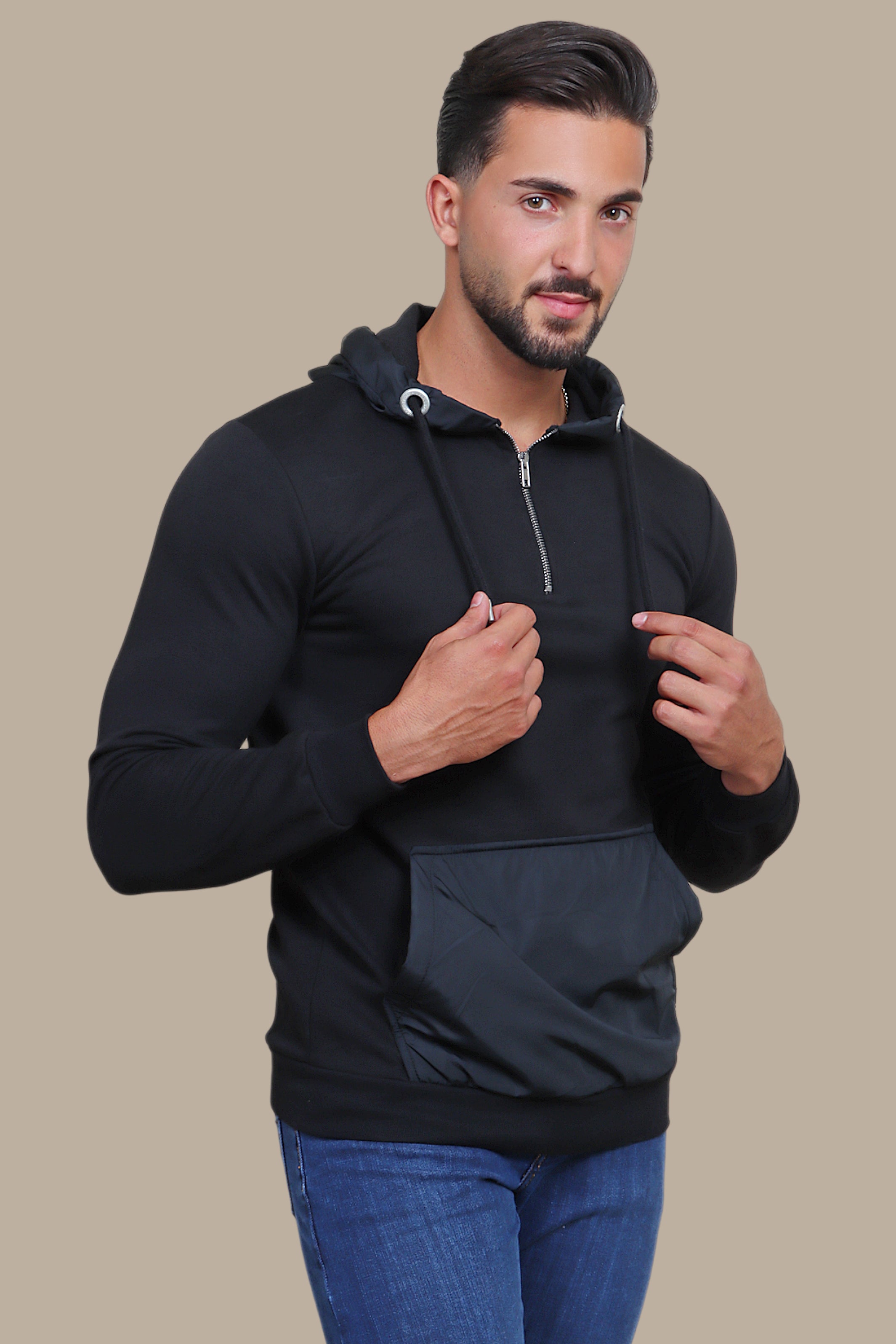 Midnight Elegance: The Black Mix Fabric Hooded Sweatshirt