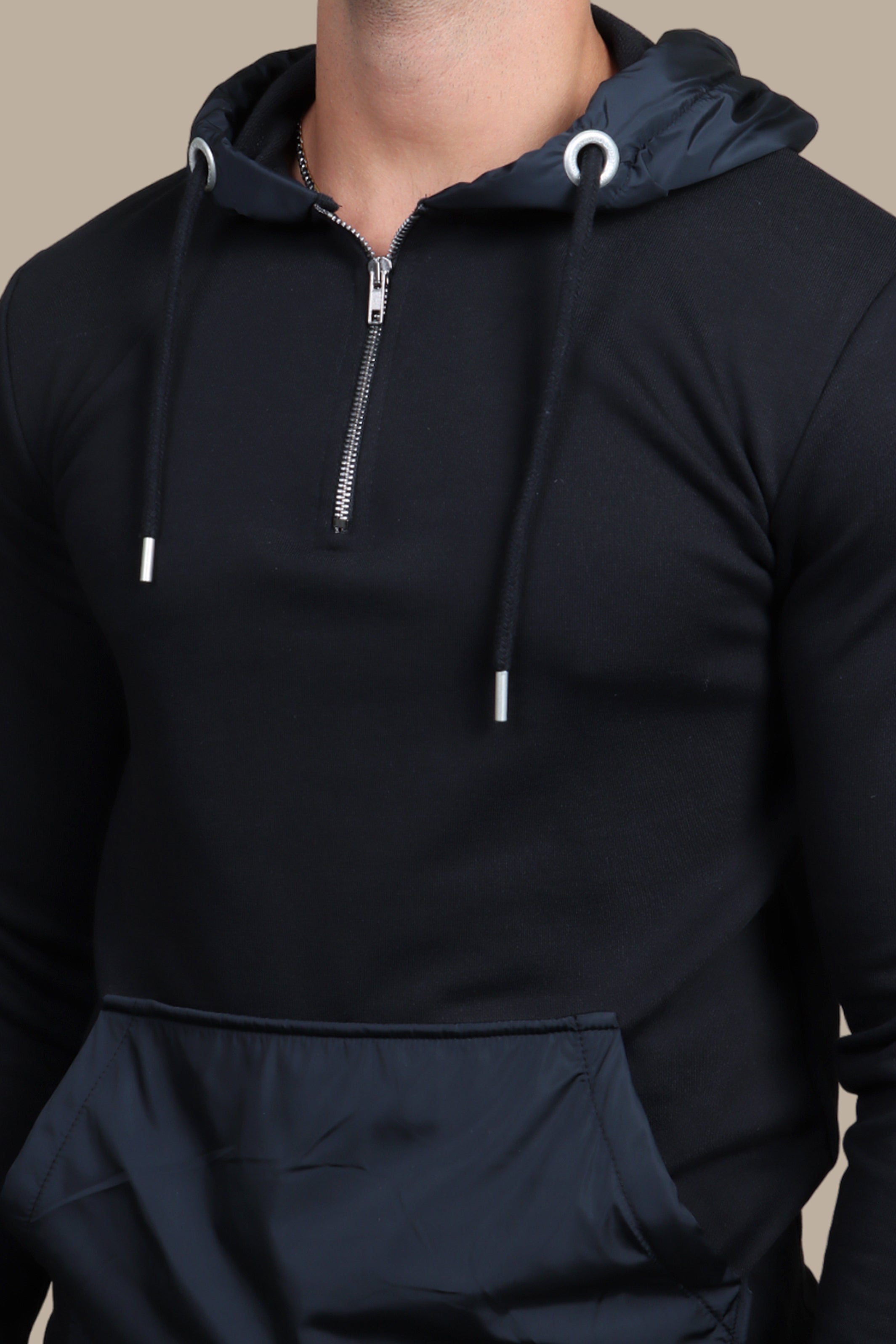 Midnight Elegance: The Black Mix Fabric Hooded Sweatshirt