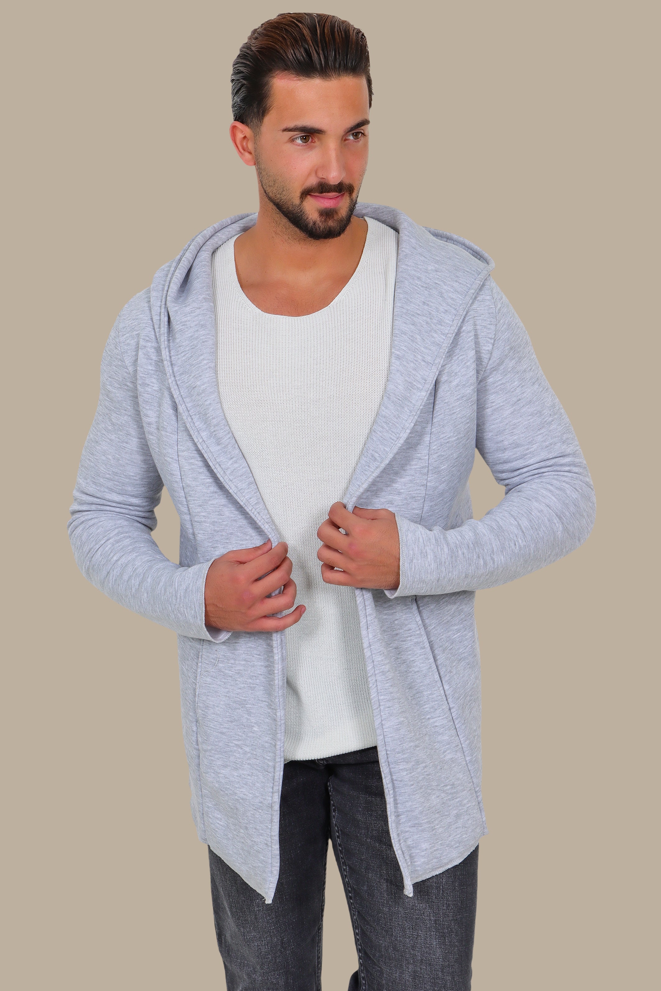 Grey Fleece Long Cardigan with Hood