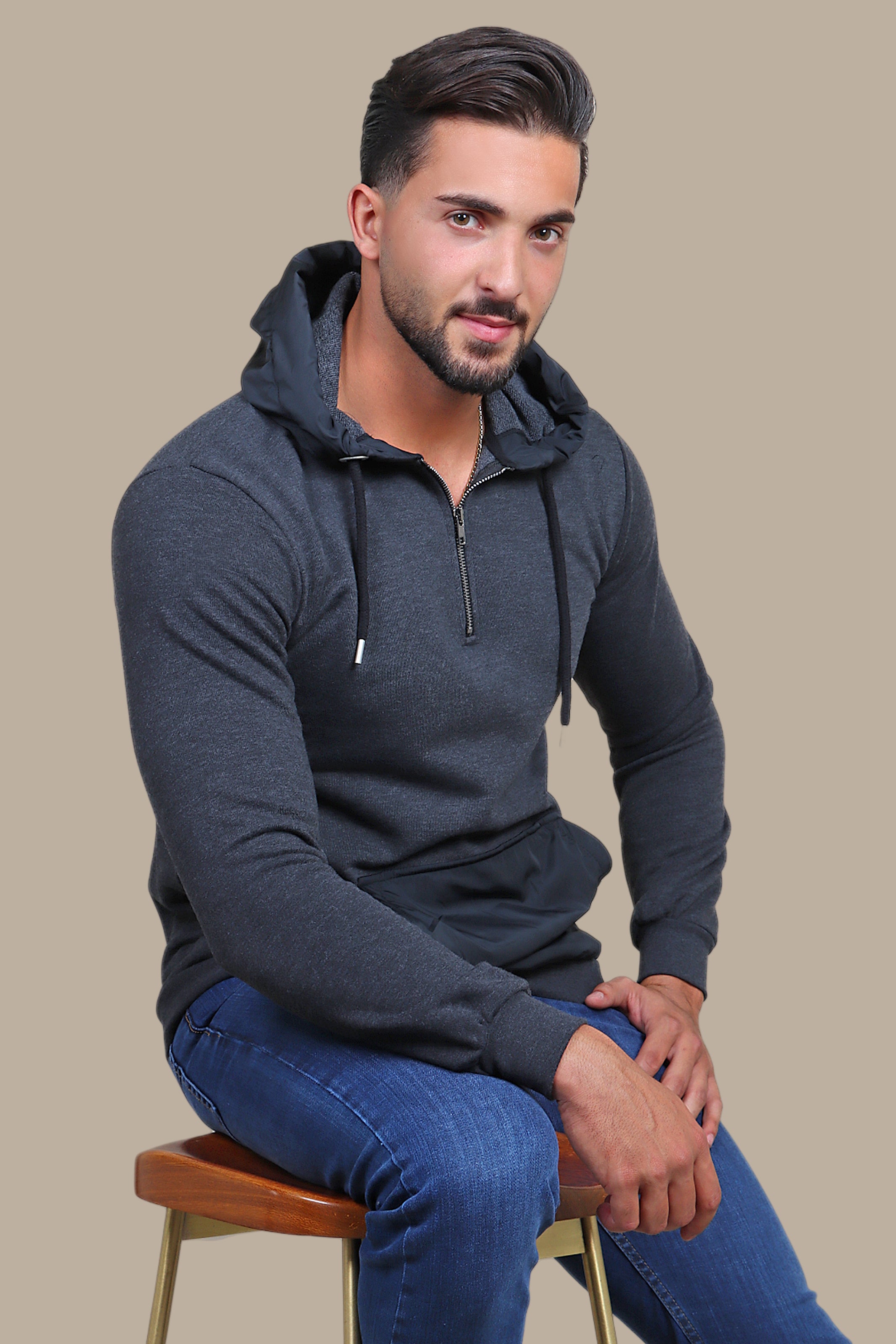 Sensual Shadows: The Dark Gray Hooded Sensation in Luxe Mix Fabric