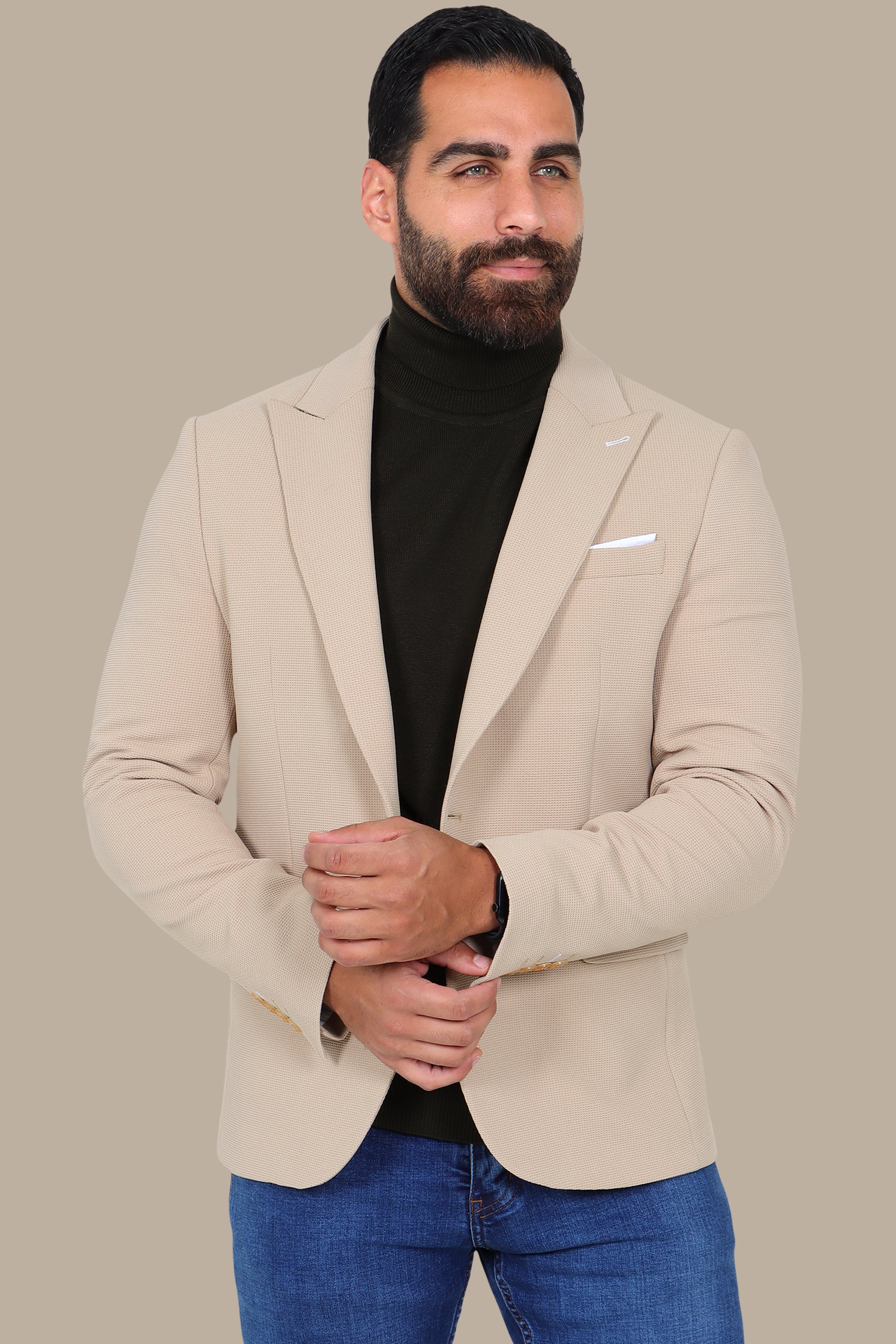 Classic Chic: Beige Structured Peak Lapel Blazer