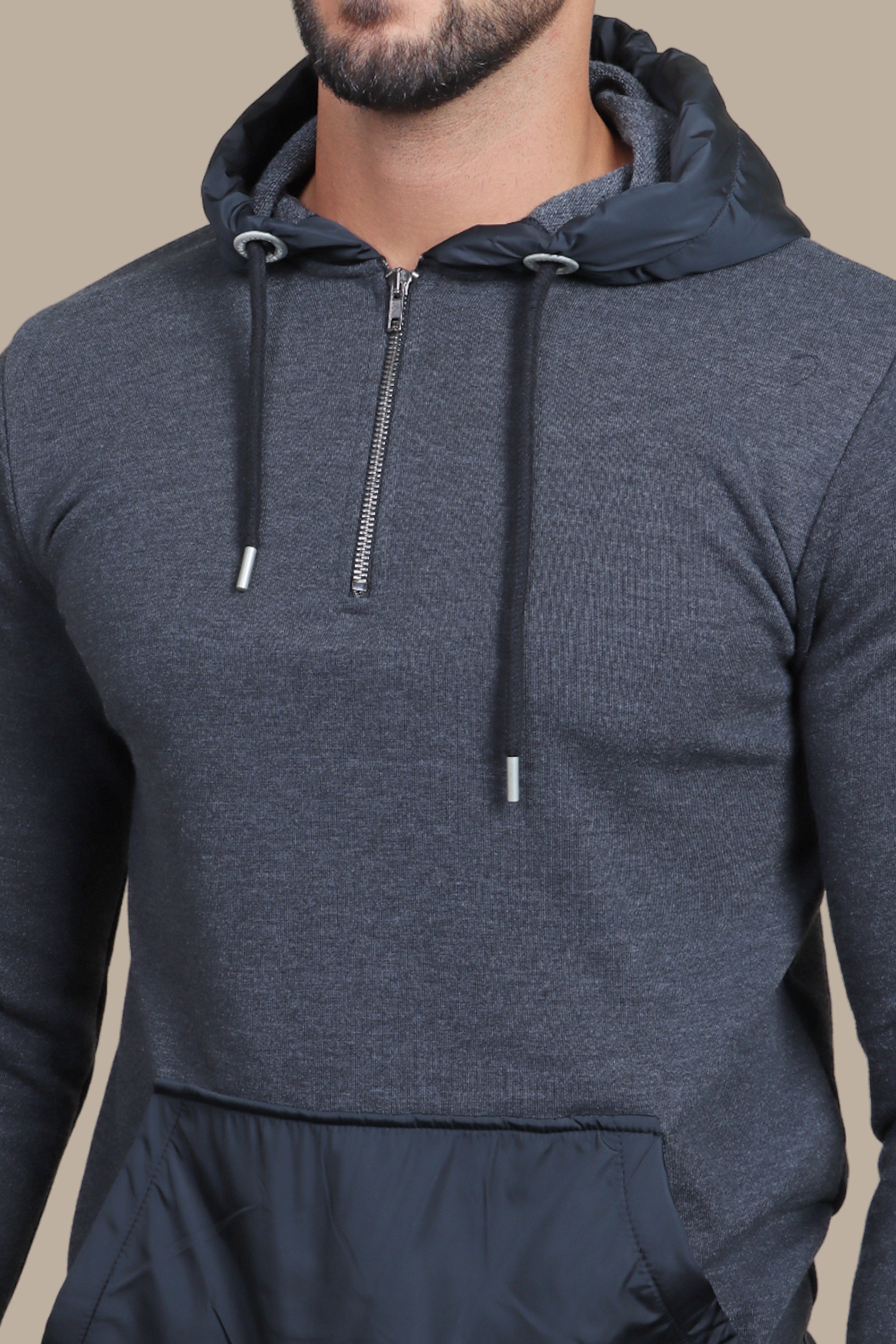 Sensual Shadows: The Dark Gray Hooded Sensation in Luxe Mix Fabric