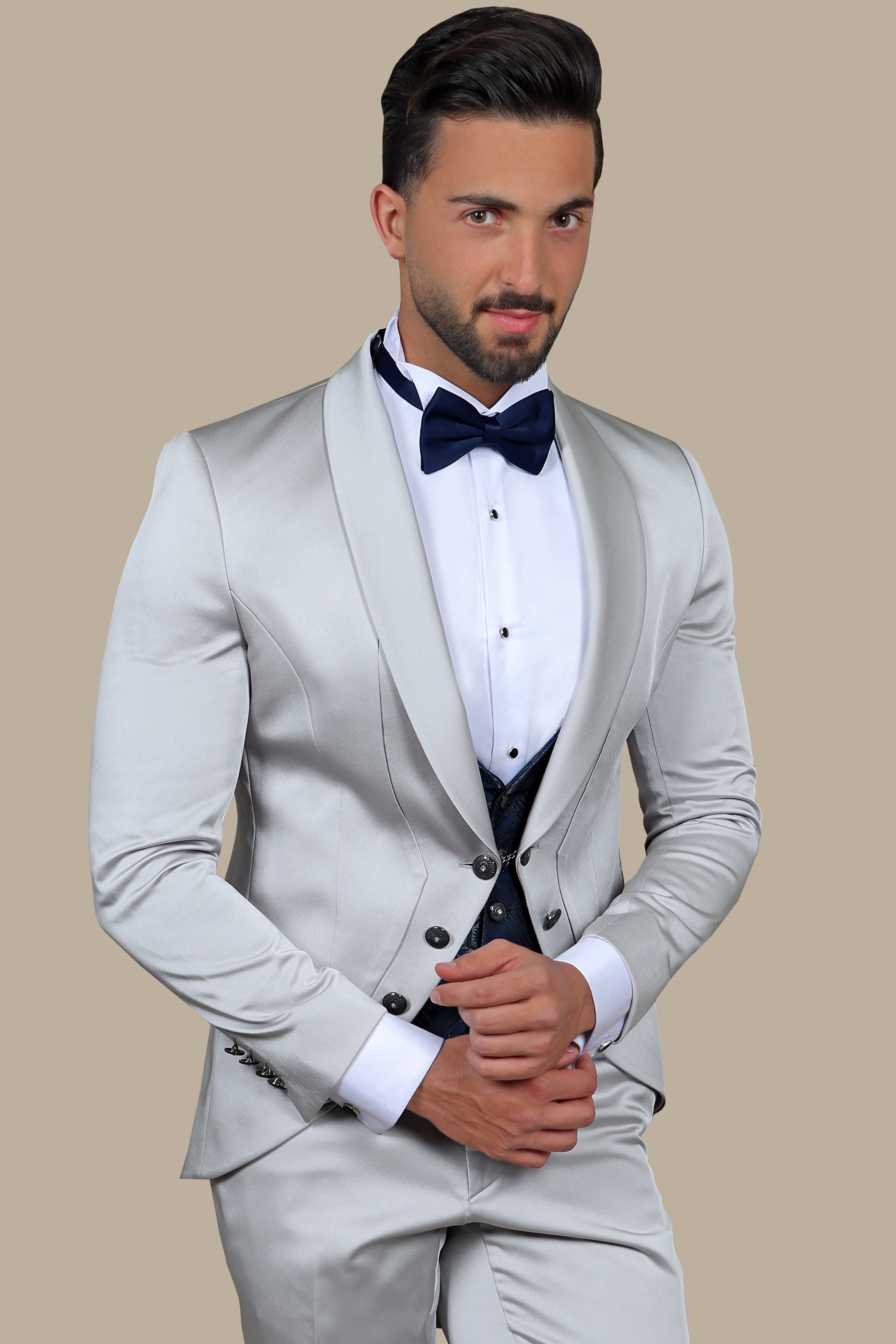 Timeless Sophistication: Silver 6-Button Shawl Collar Tuxedo