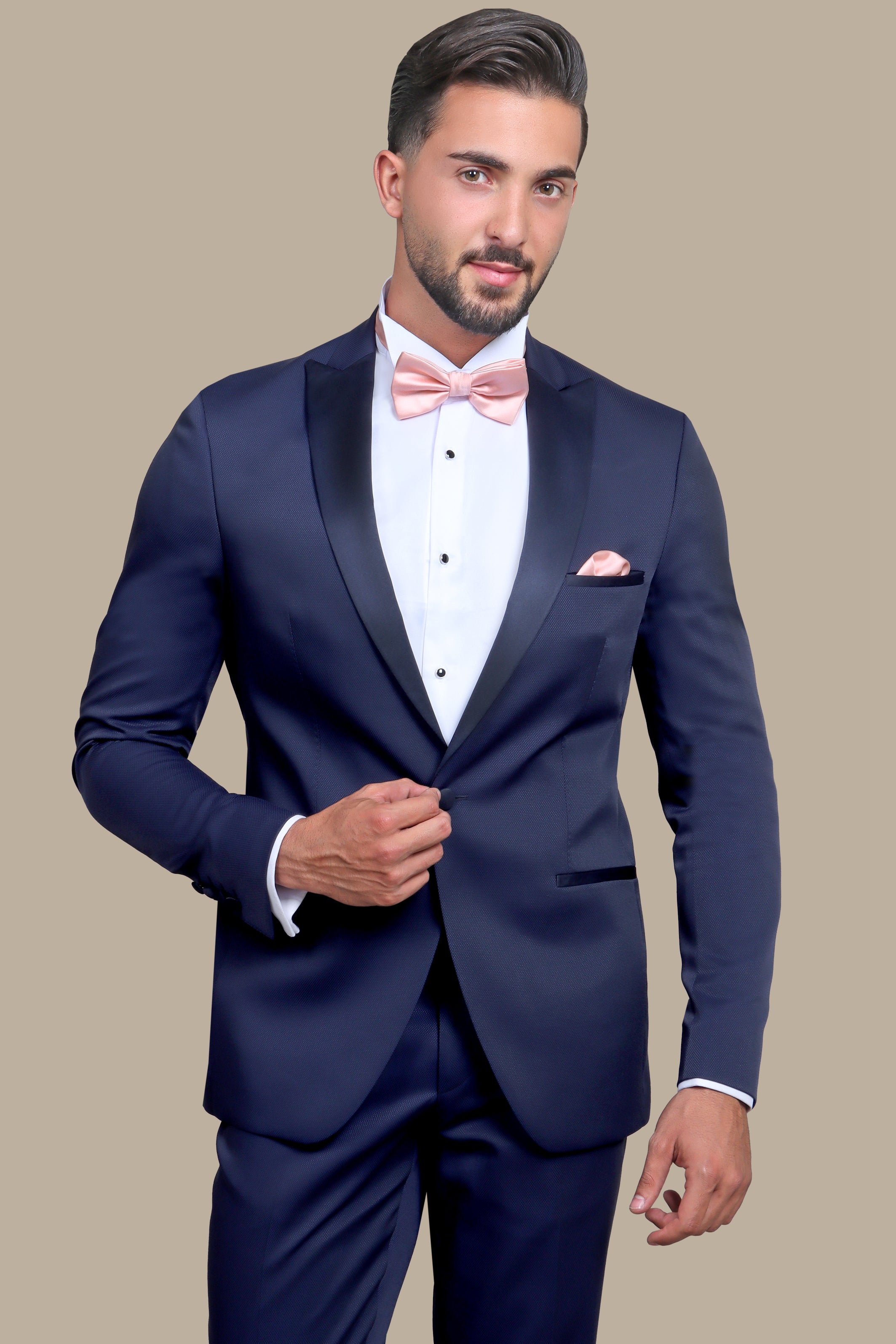 Midnight Elegance: Navy Tuxedo with Peak Lapel