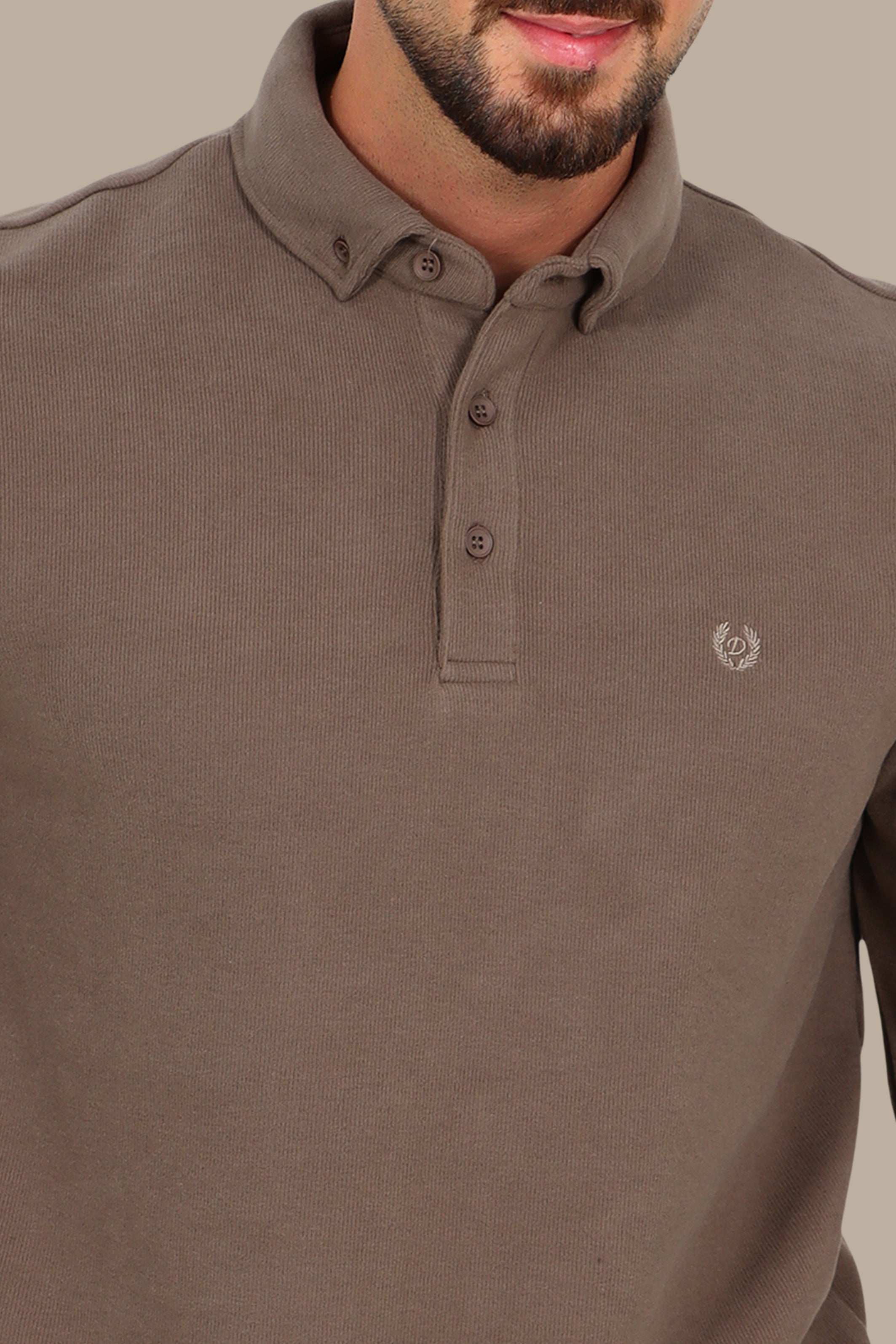 Velvet Polo with Button-Down Front in Beige