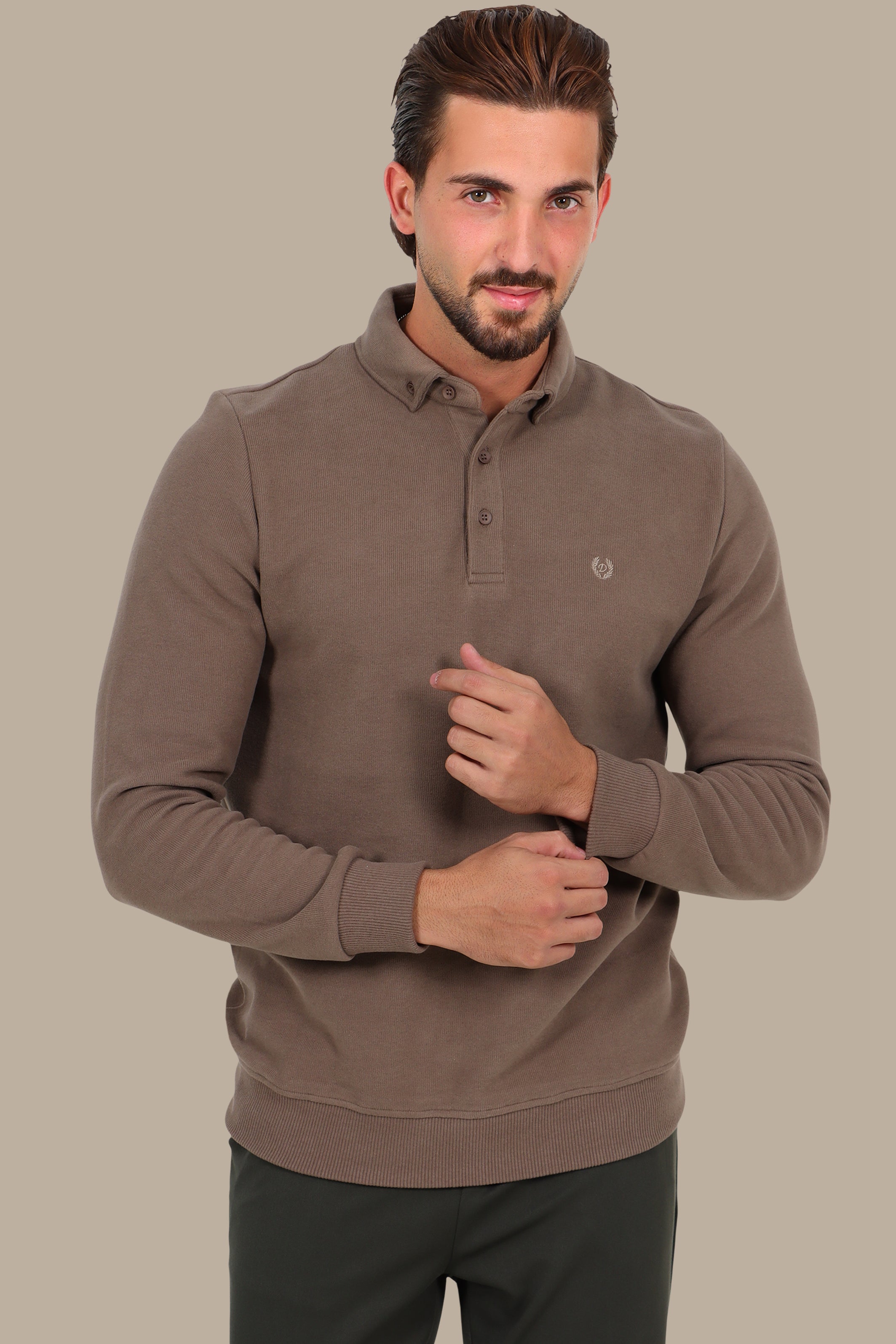 Velvet Polo with Button-Down Front in Beige