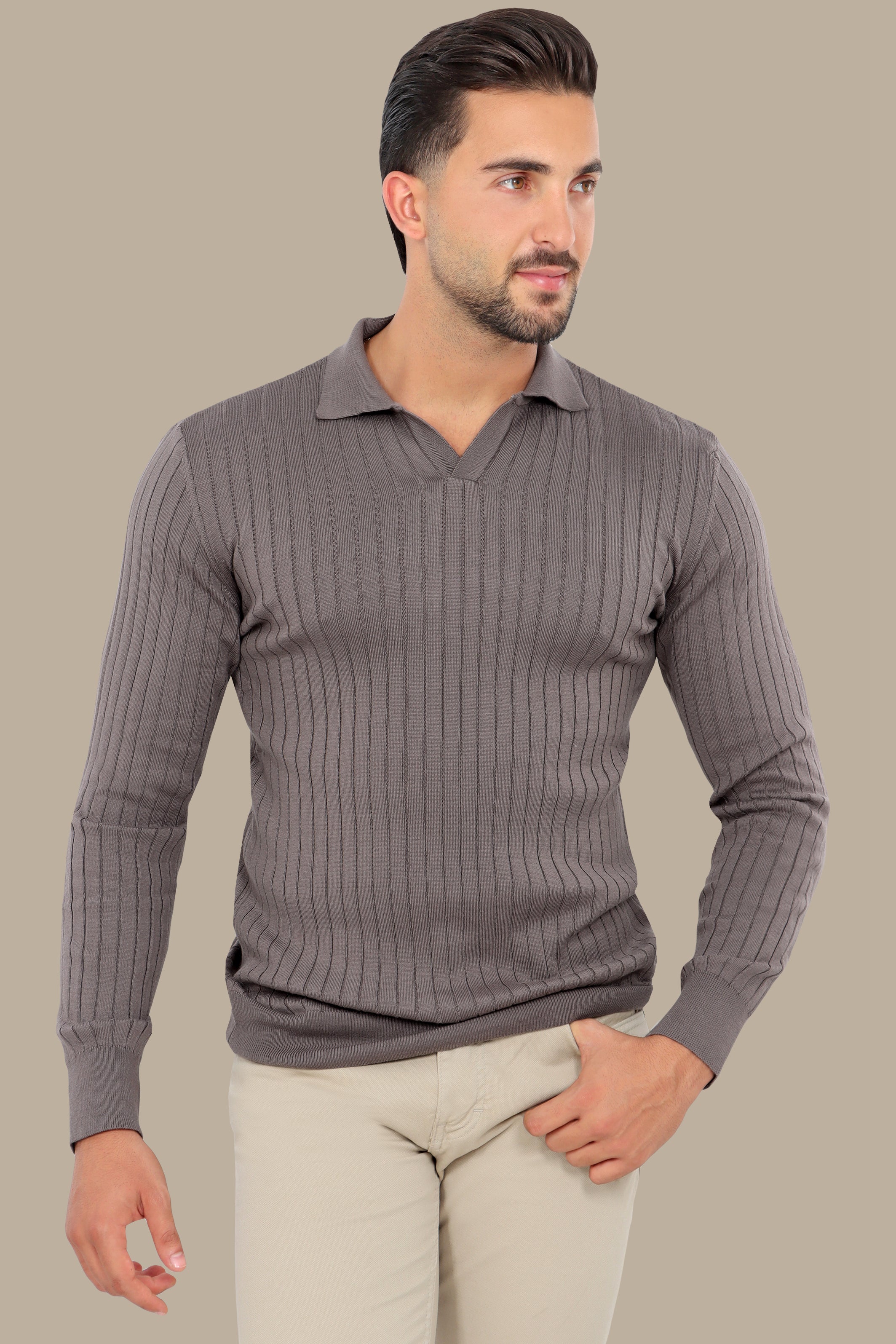 Beige Basic Polo with Vertical Lines