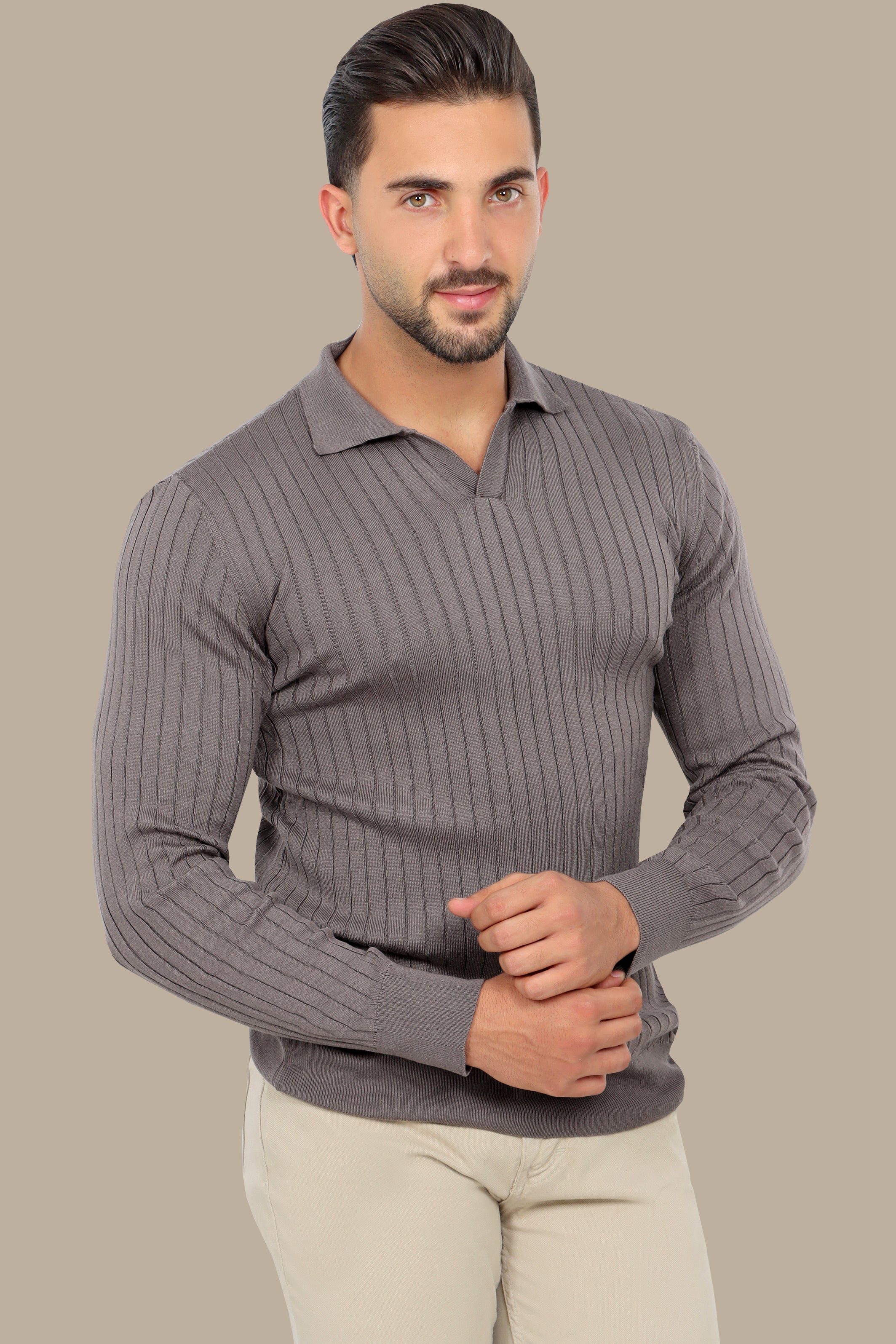 Beige Basic Polo with Vertical Lines