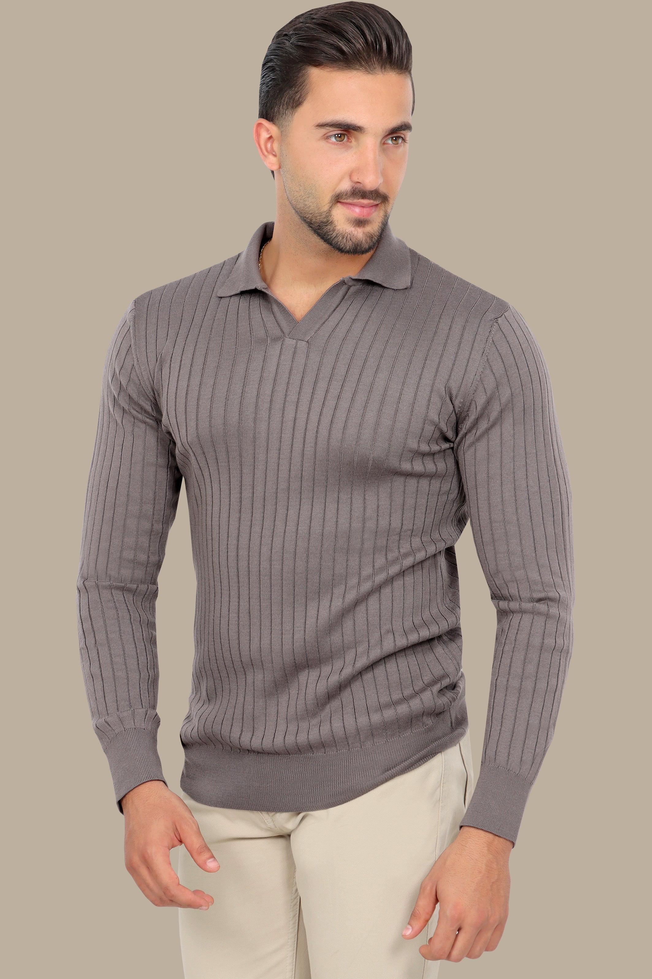 Beige Basic Polo with Vertical Lines