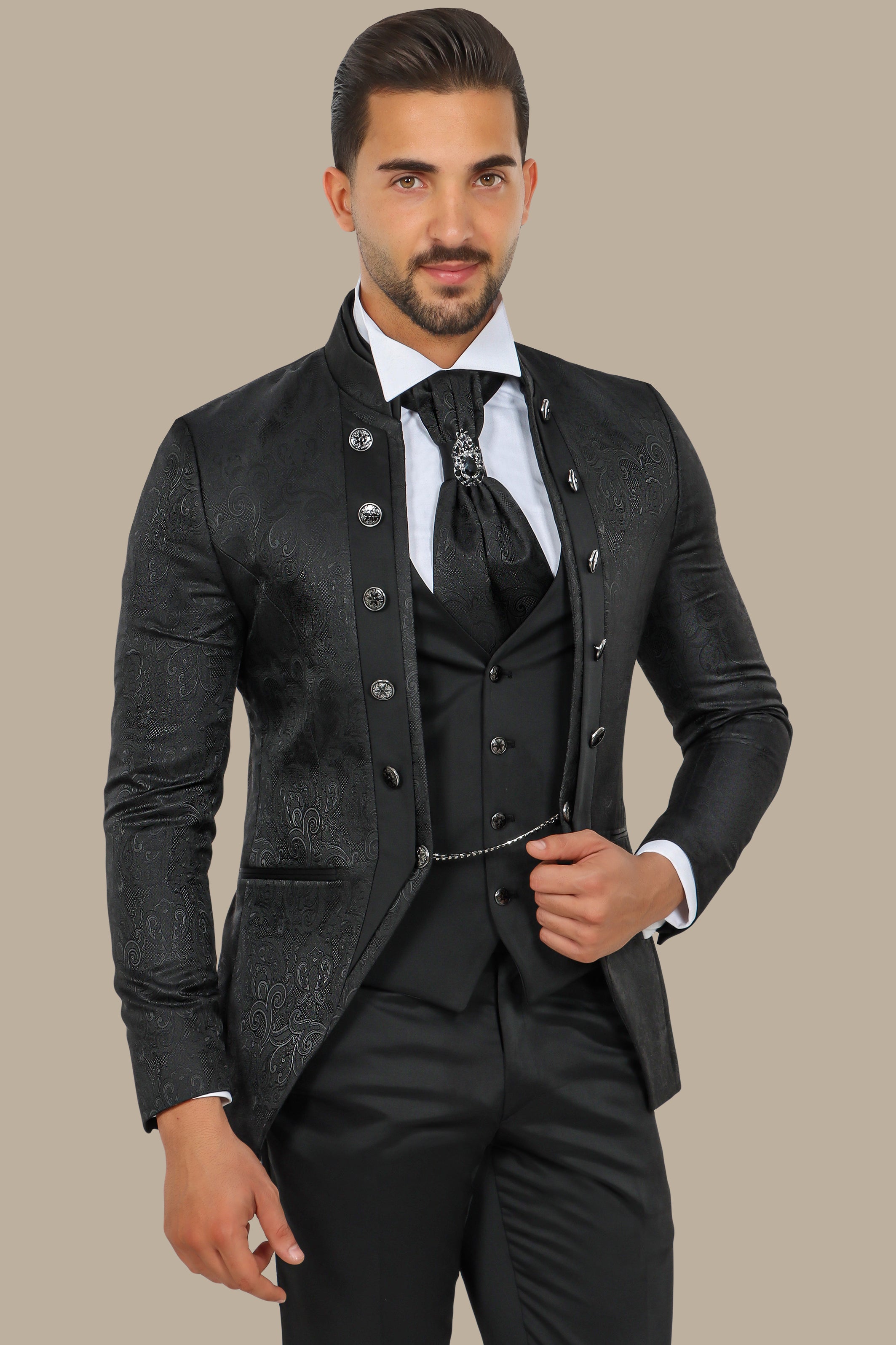 Black Cashmere Patterned 4-Piece Collar Tuxedo Ensemble