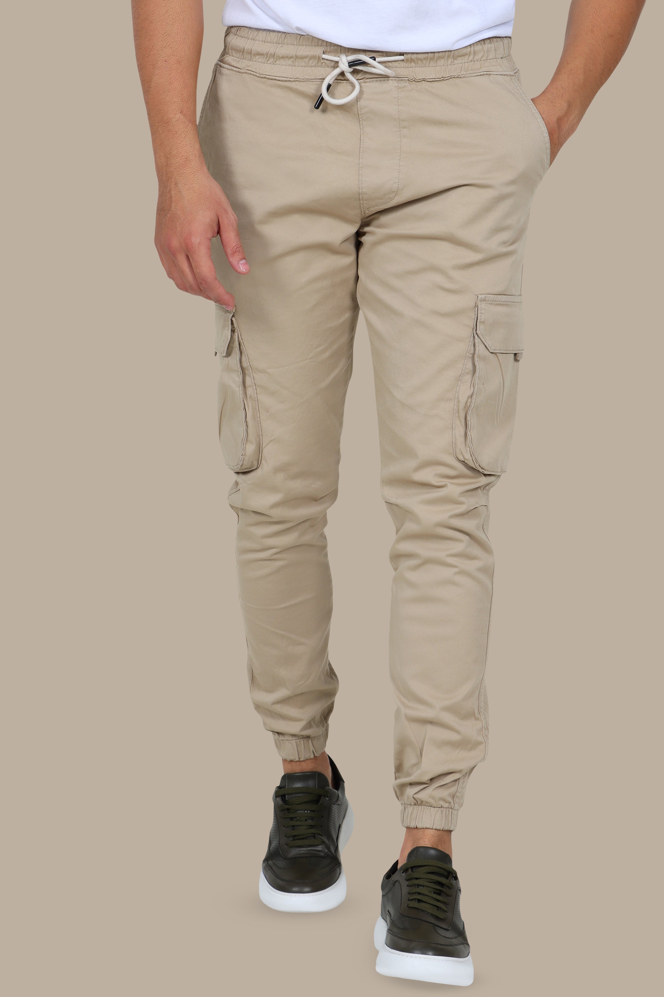 City Sand: Beige Cargo Pants with Band