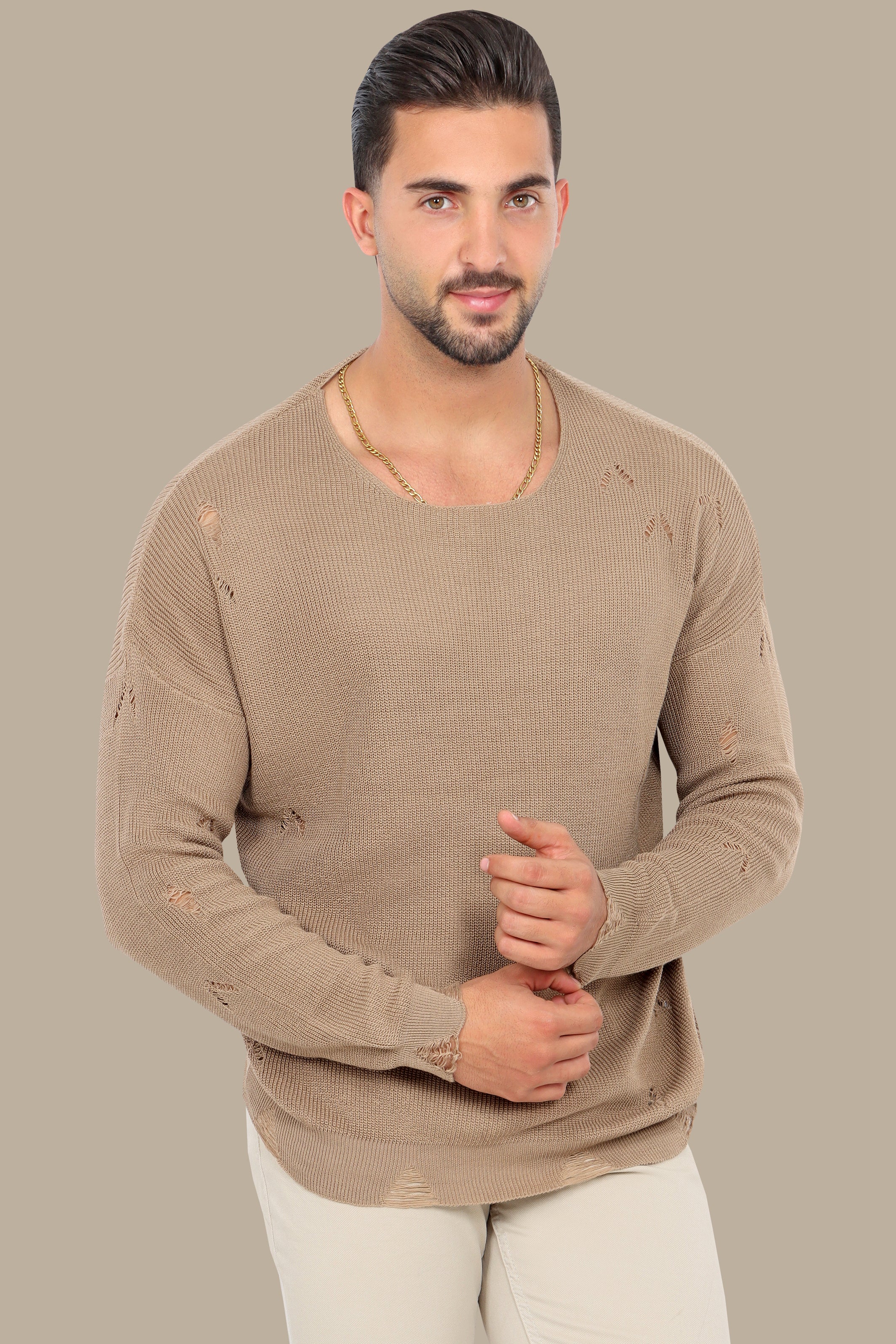 Beige Oversized Destroyed Mercerized Sweater