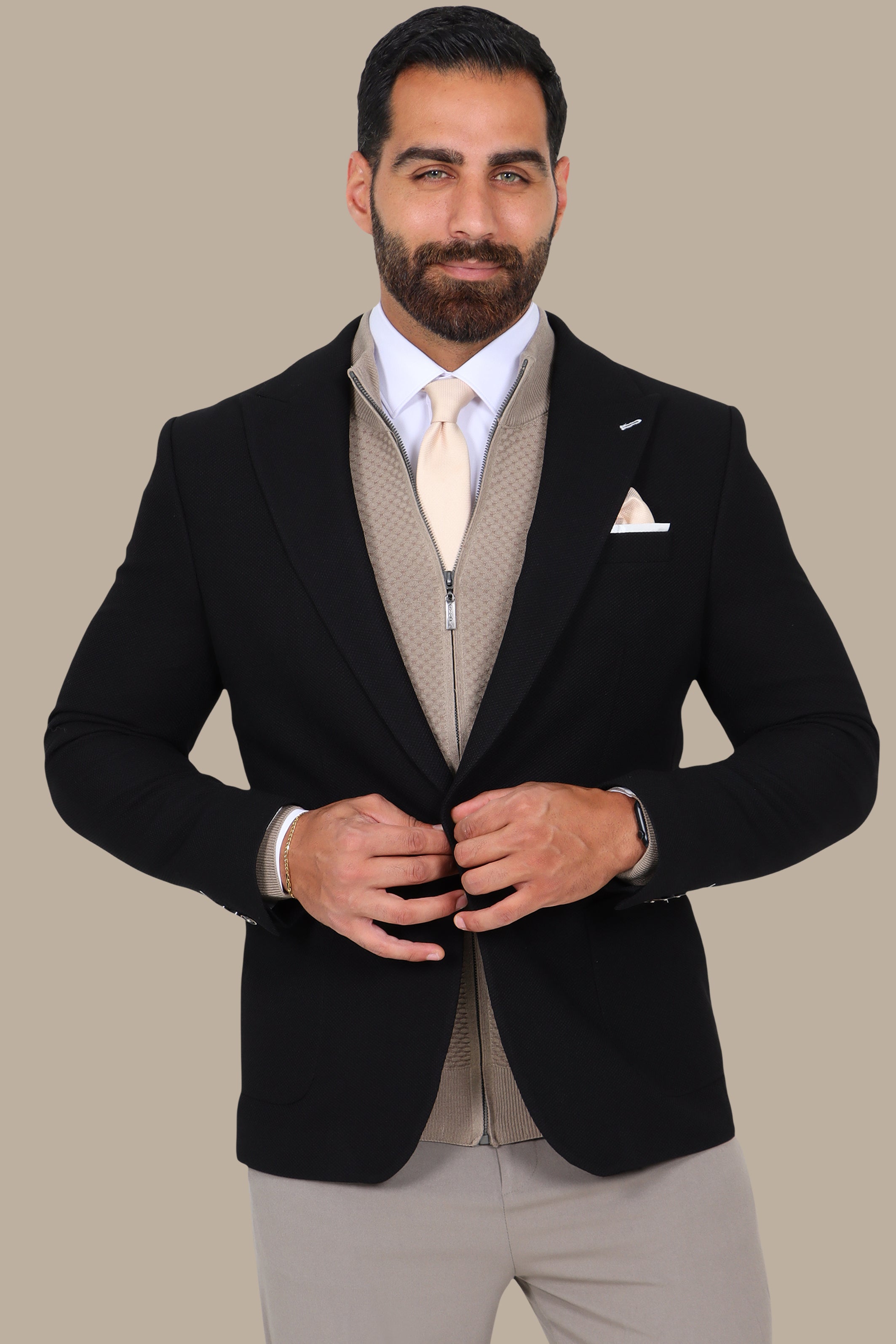 Black Piquet Blazer with Peak Lapel