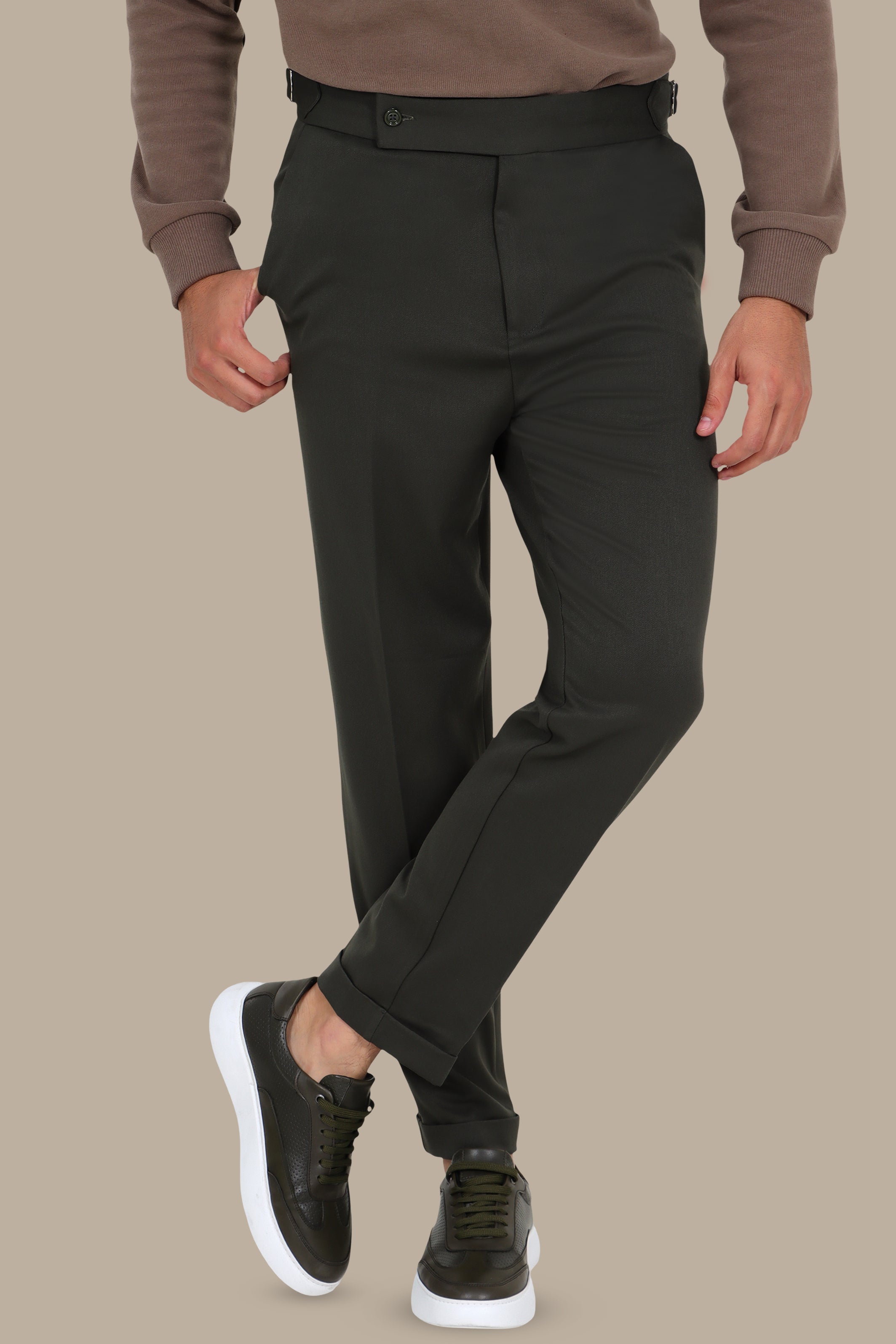 Green Slim-Fit Pants – Wide Waist with Double Button