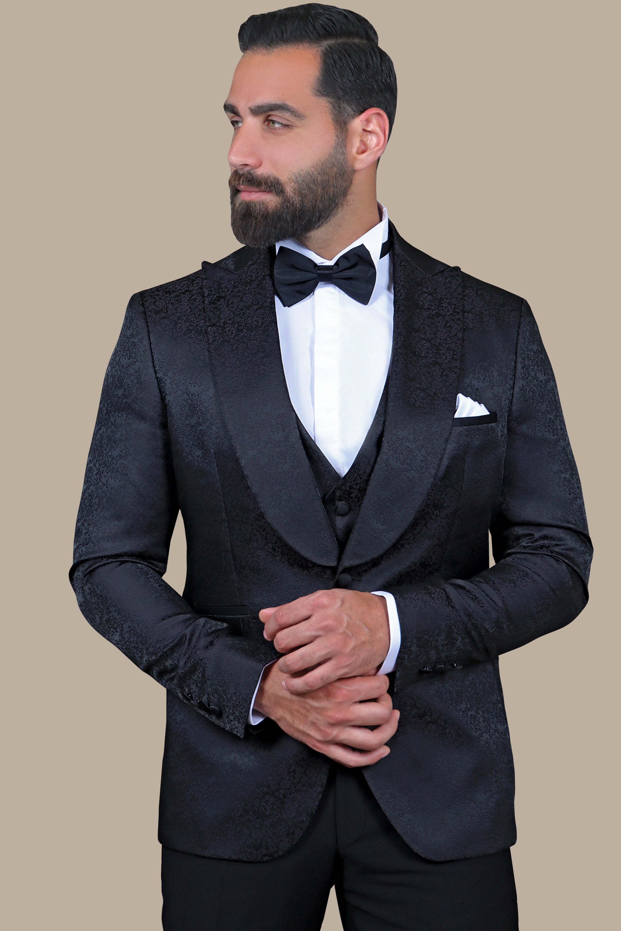 Floral Noir: FV Special Collection Tuxedo Suit in Black