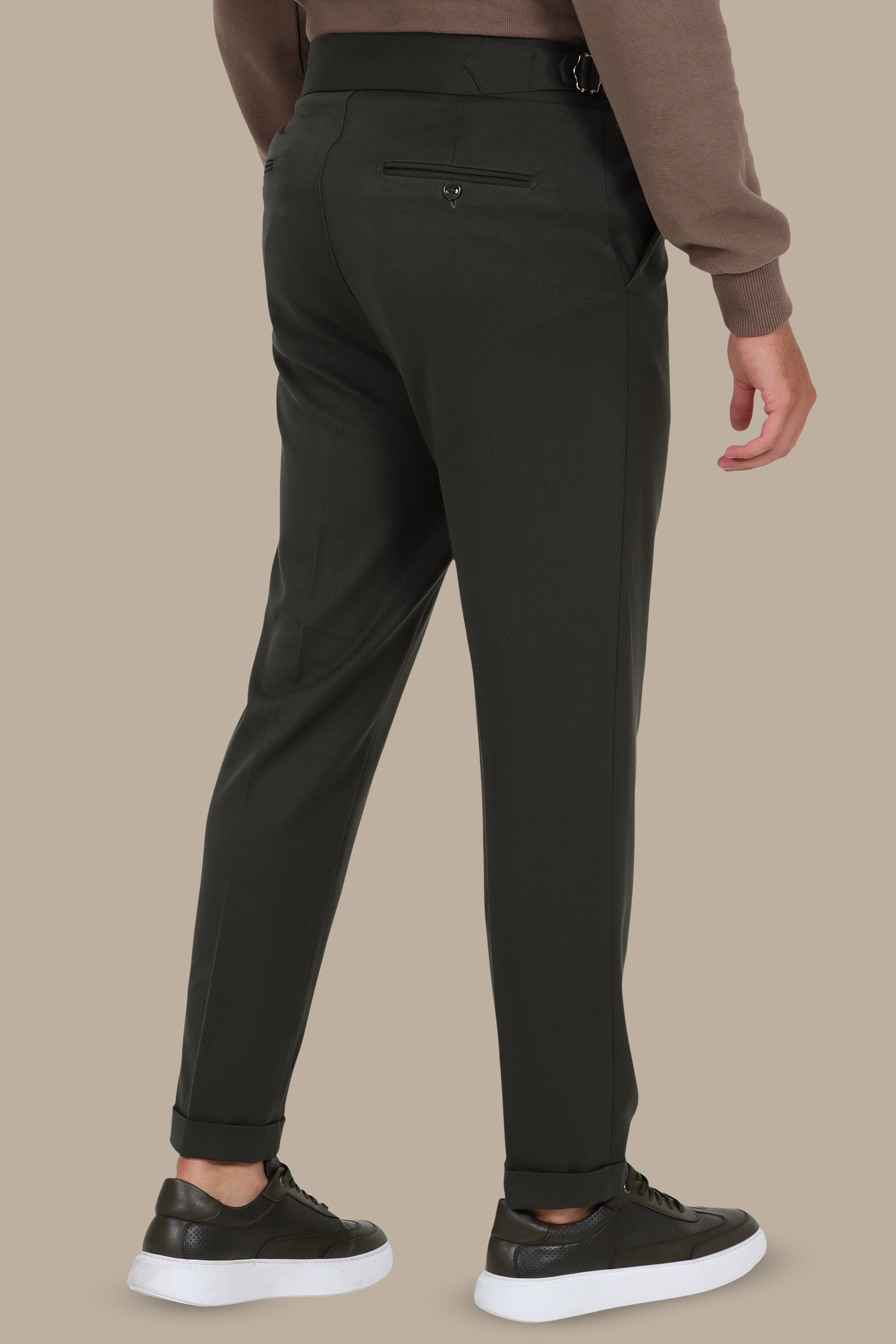 Green Slim-Fit Pants – Wide Waist with Double Button