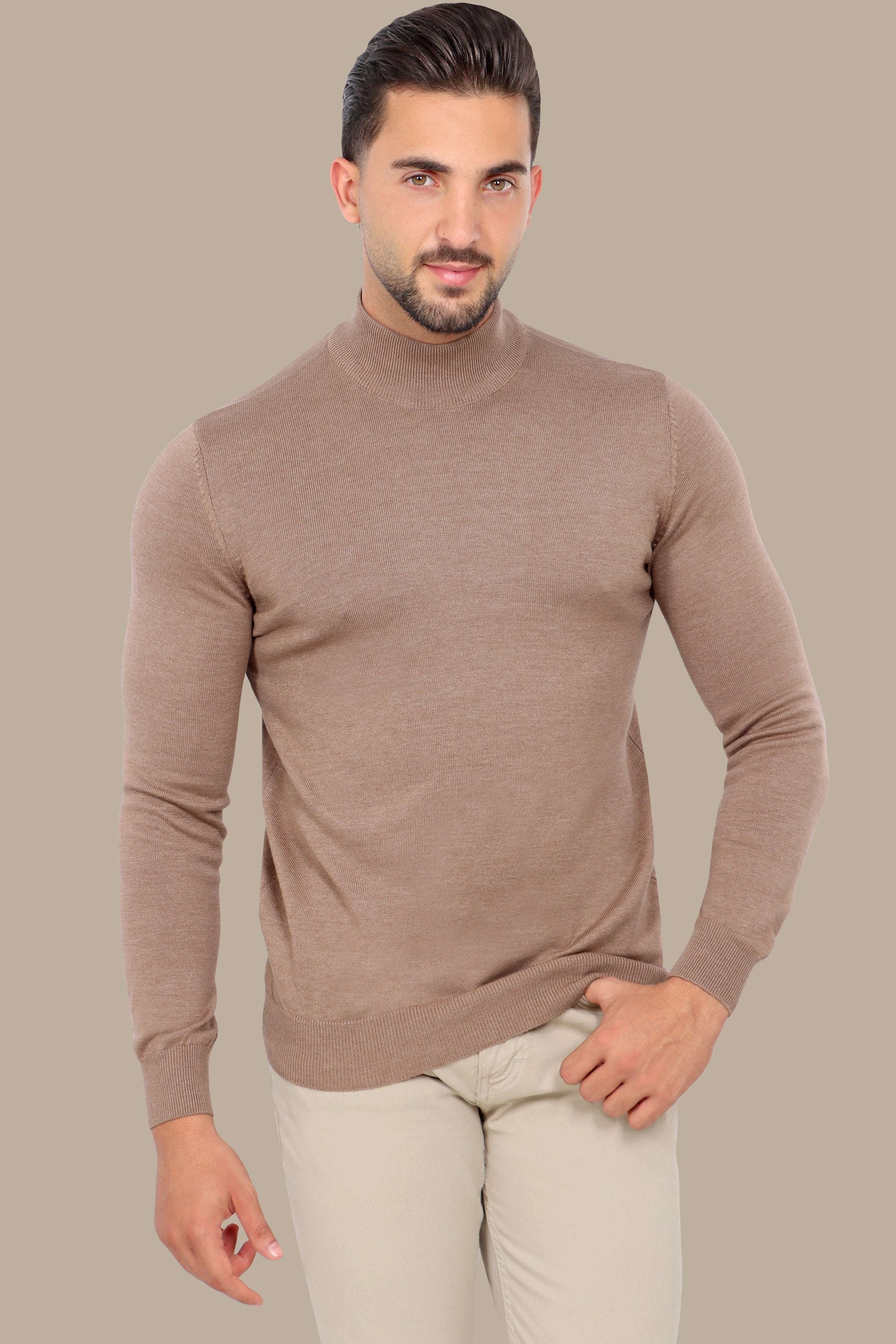 Beige High Neck Basic Sweater