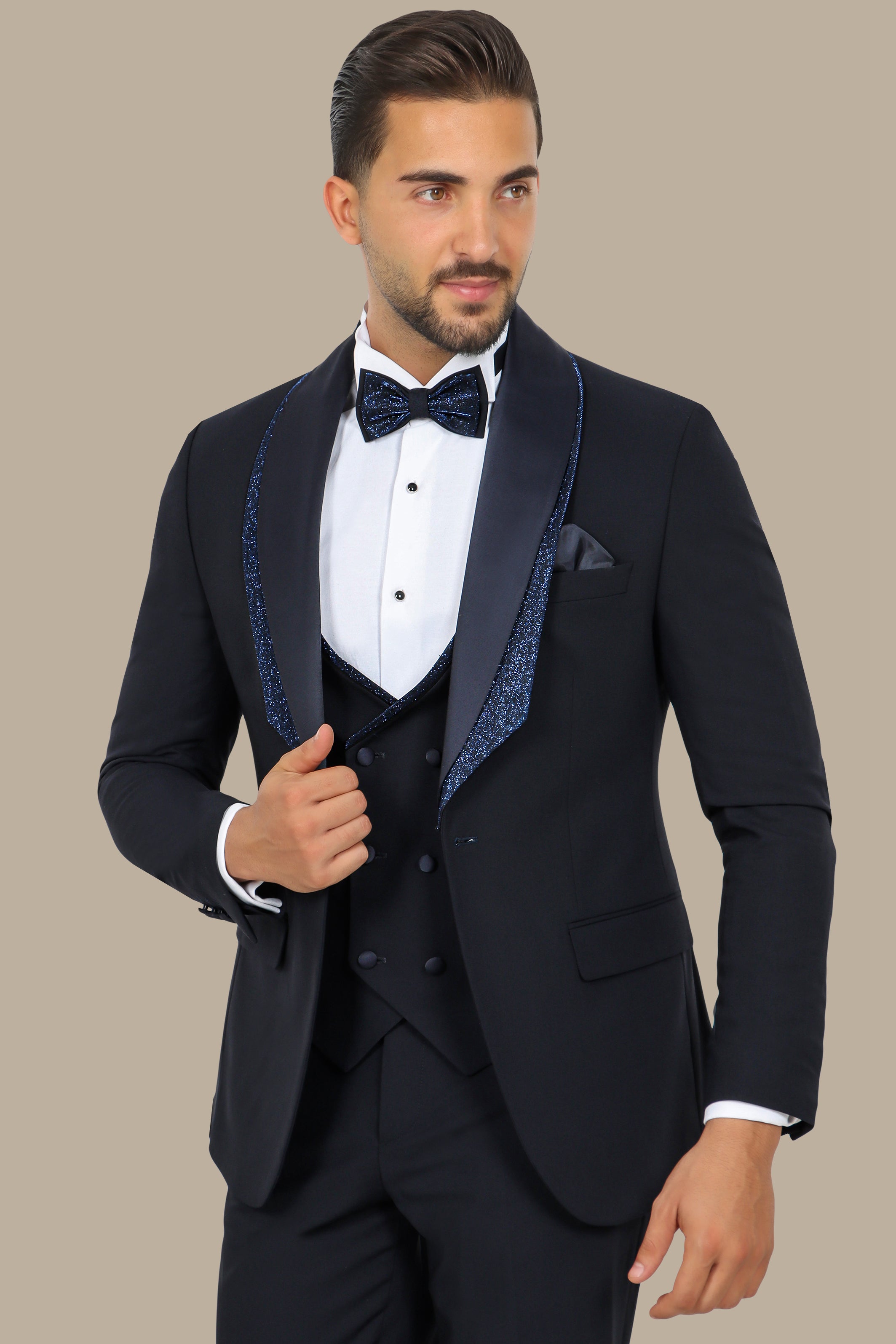 Navy Tuxedo with Glittered Shawl Collar – 4-Piece, 2-Layer Set