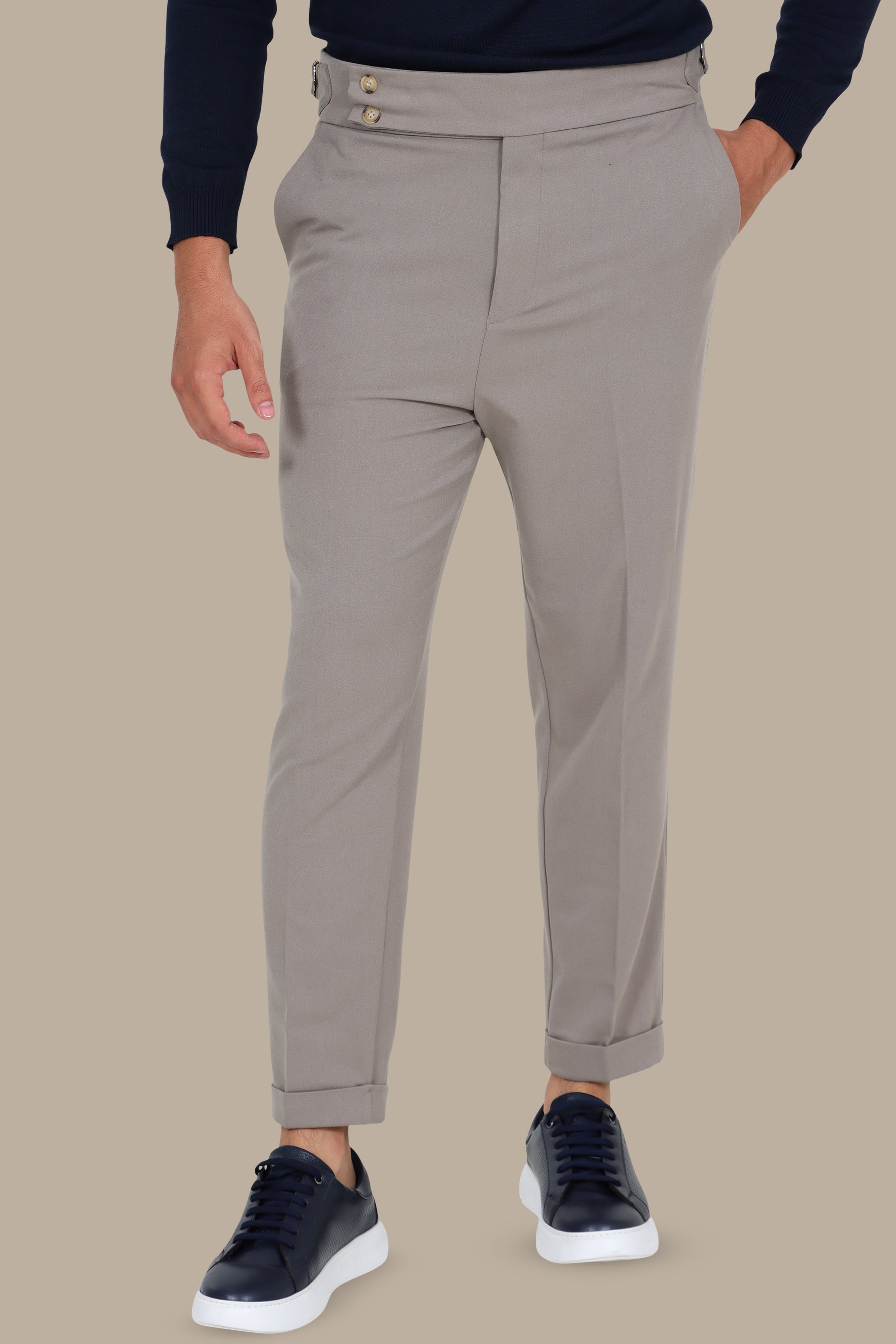 Beige Slim-Fit Pants – Wide Waist with Double Button