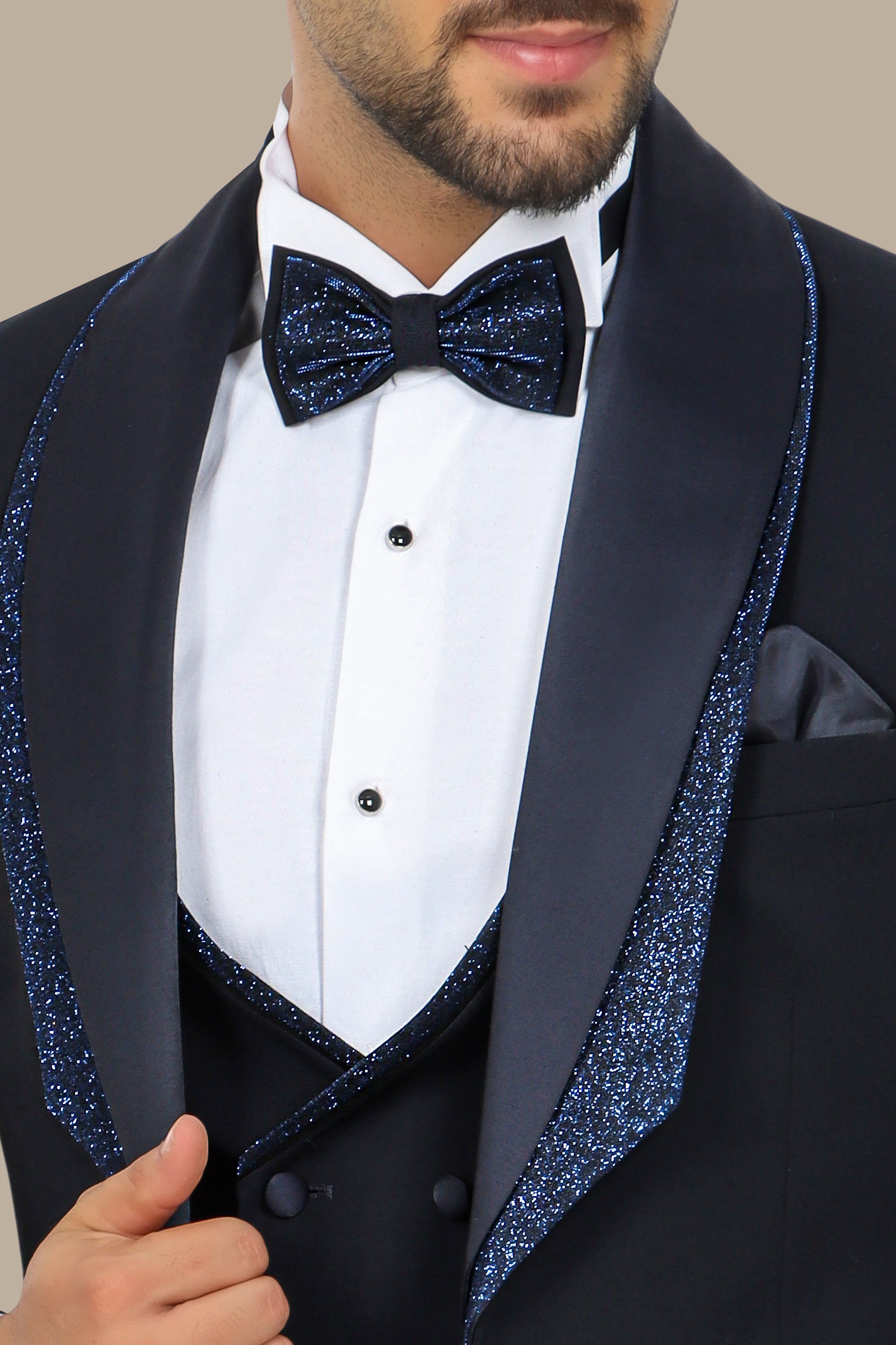 Navy Tuxedo with Glittered Shawl Collar – 4-Piece, 2-Layer Set