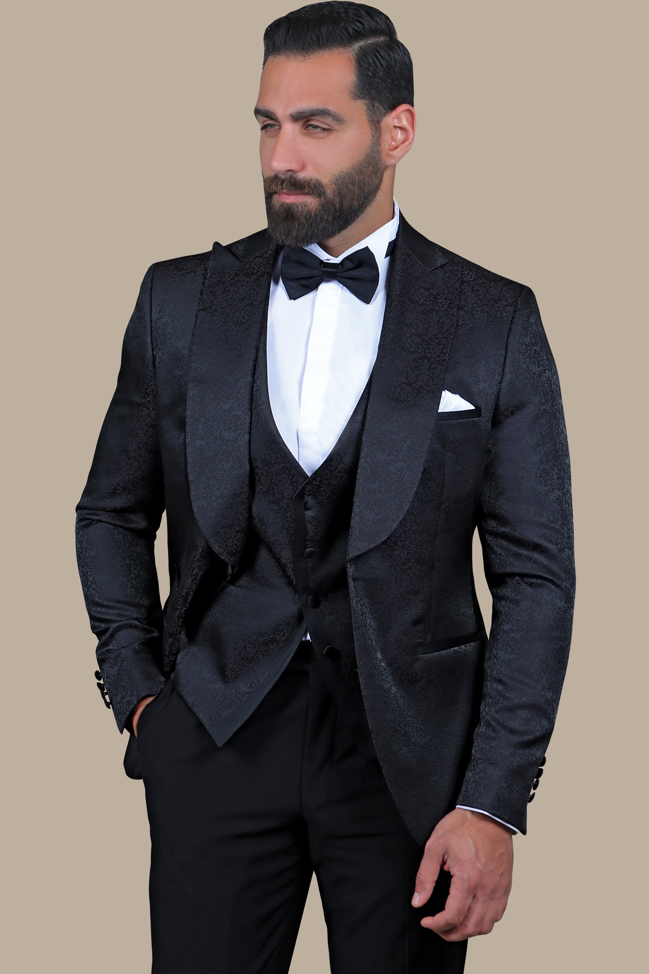 Floral Noir: FV Special Collection Tuxedo Suit in Black