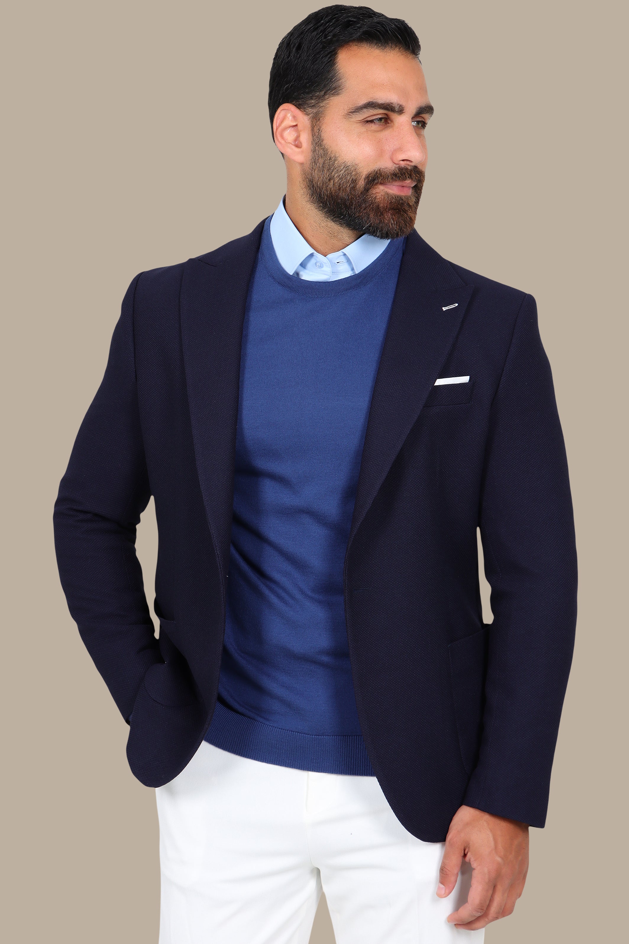 Dark Navy Piquet Blazer with Peak Lapel