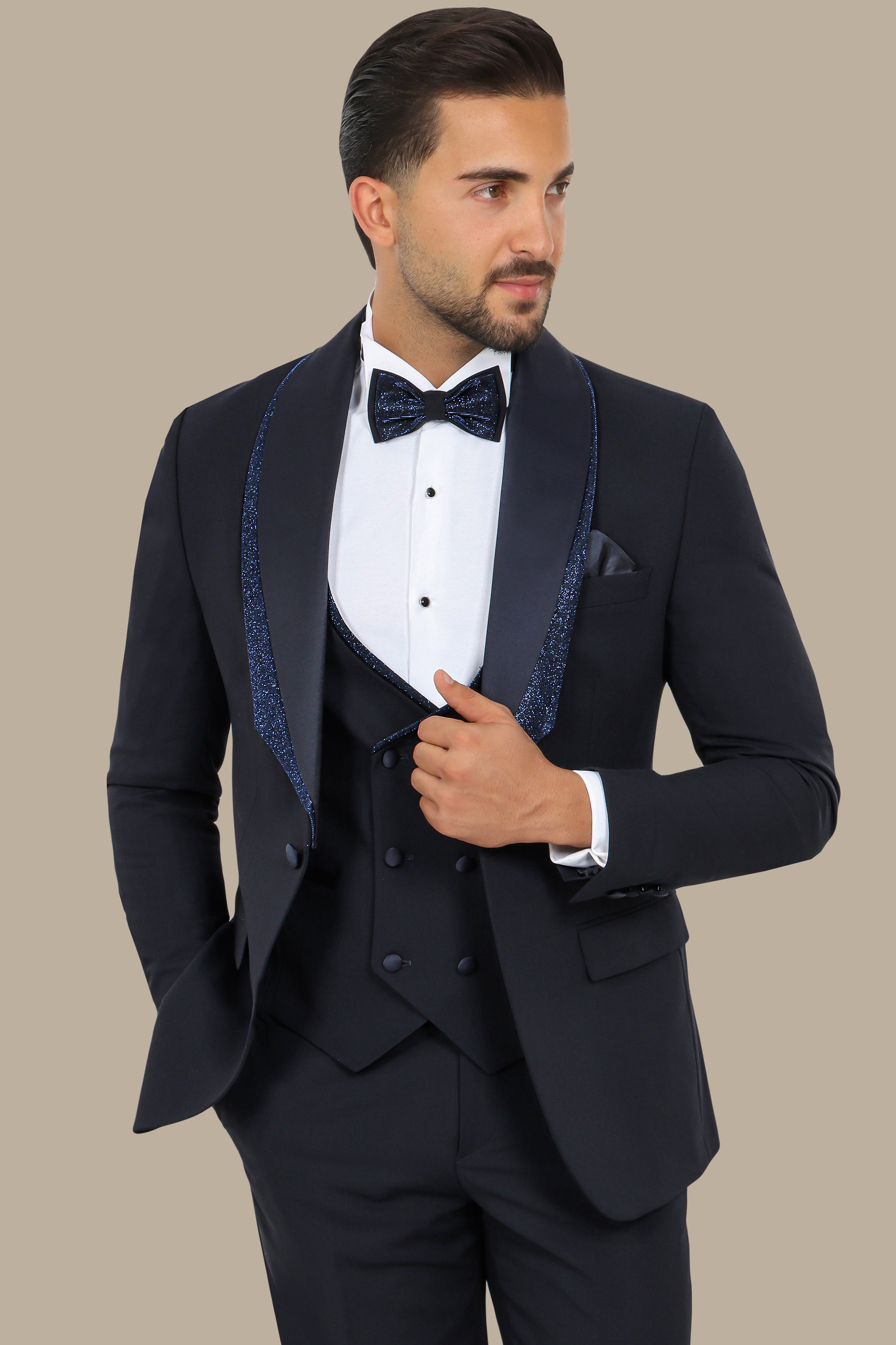 Navy Tuxedo with Glittered Shawl Collar – 4-Piece, 2-Layer Set