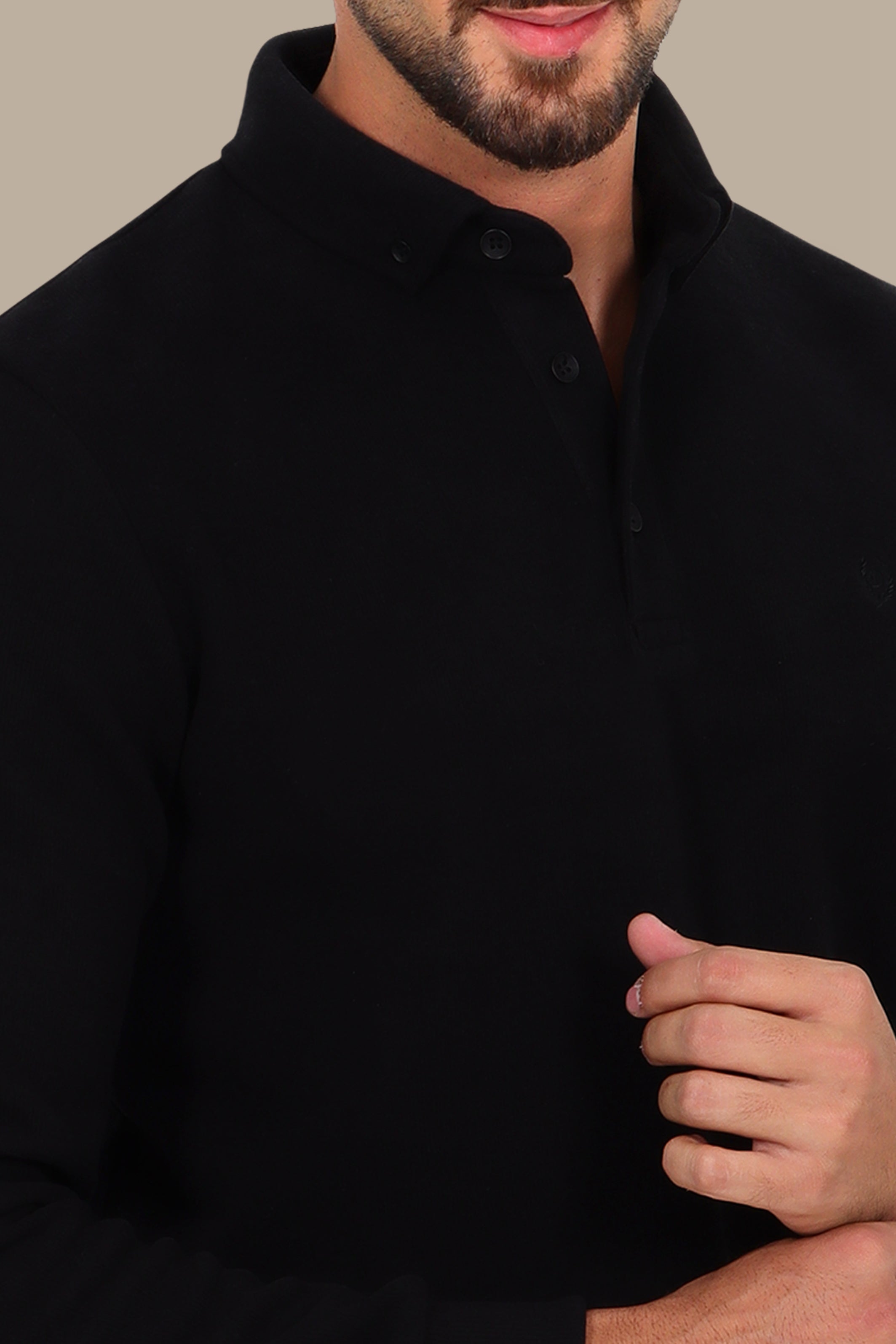 Velvet Polo with Button-Down Front in Black
