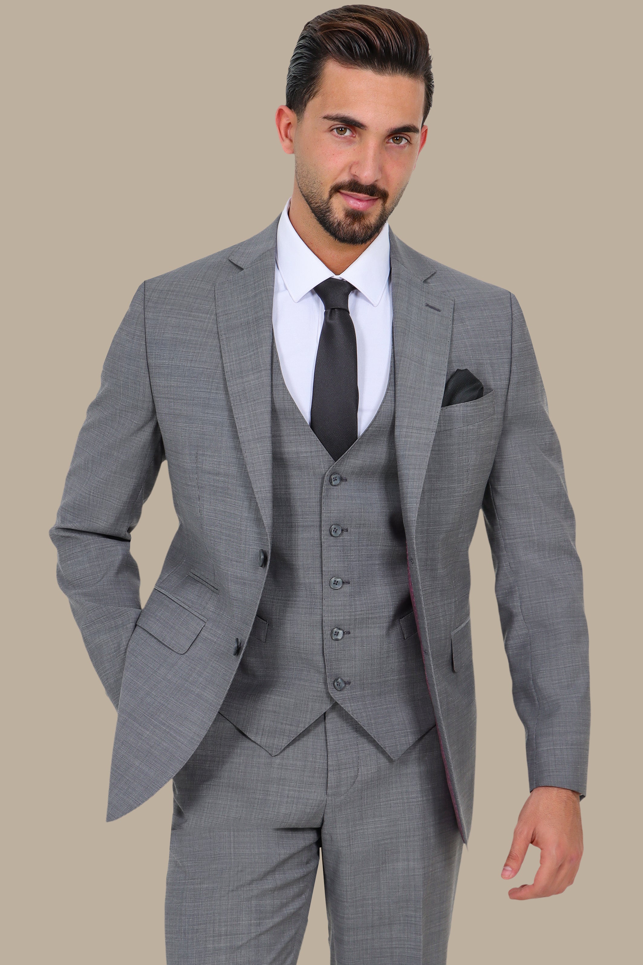 Timeless Charisma: Grey Wool Notch Filafil 3-Piece Suit
