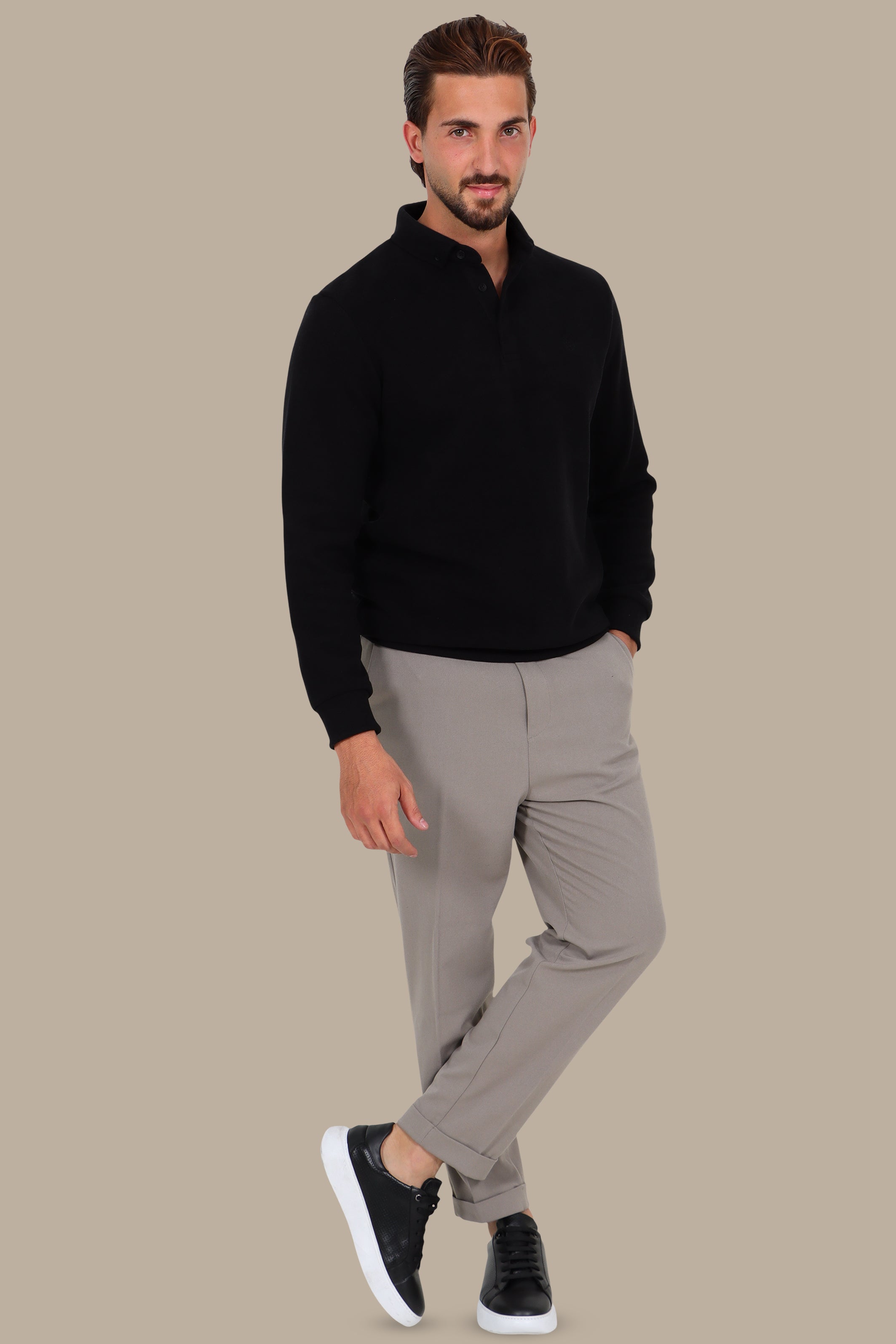 Velvet Polo with Button-Down Front in Black