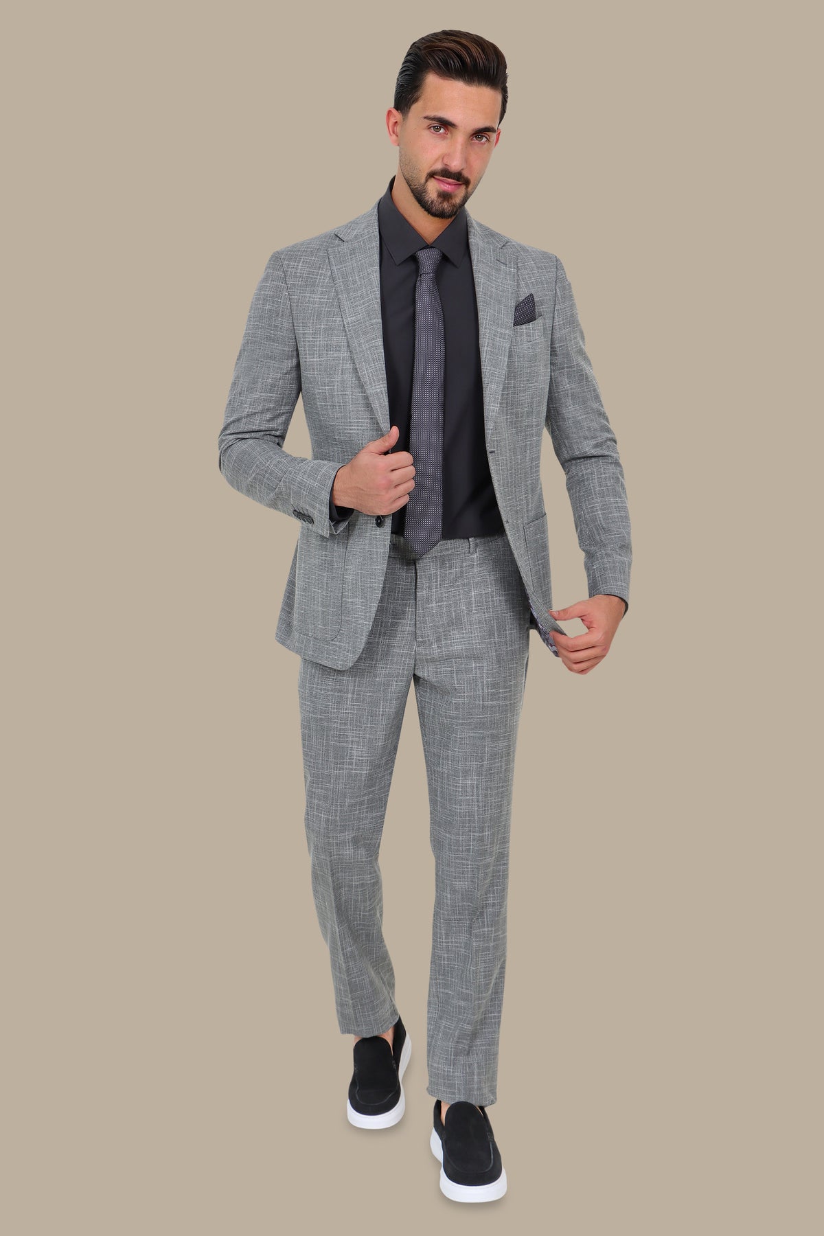 Grey Slim Fit Suit with Down Notch Patch Pockets