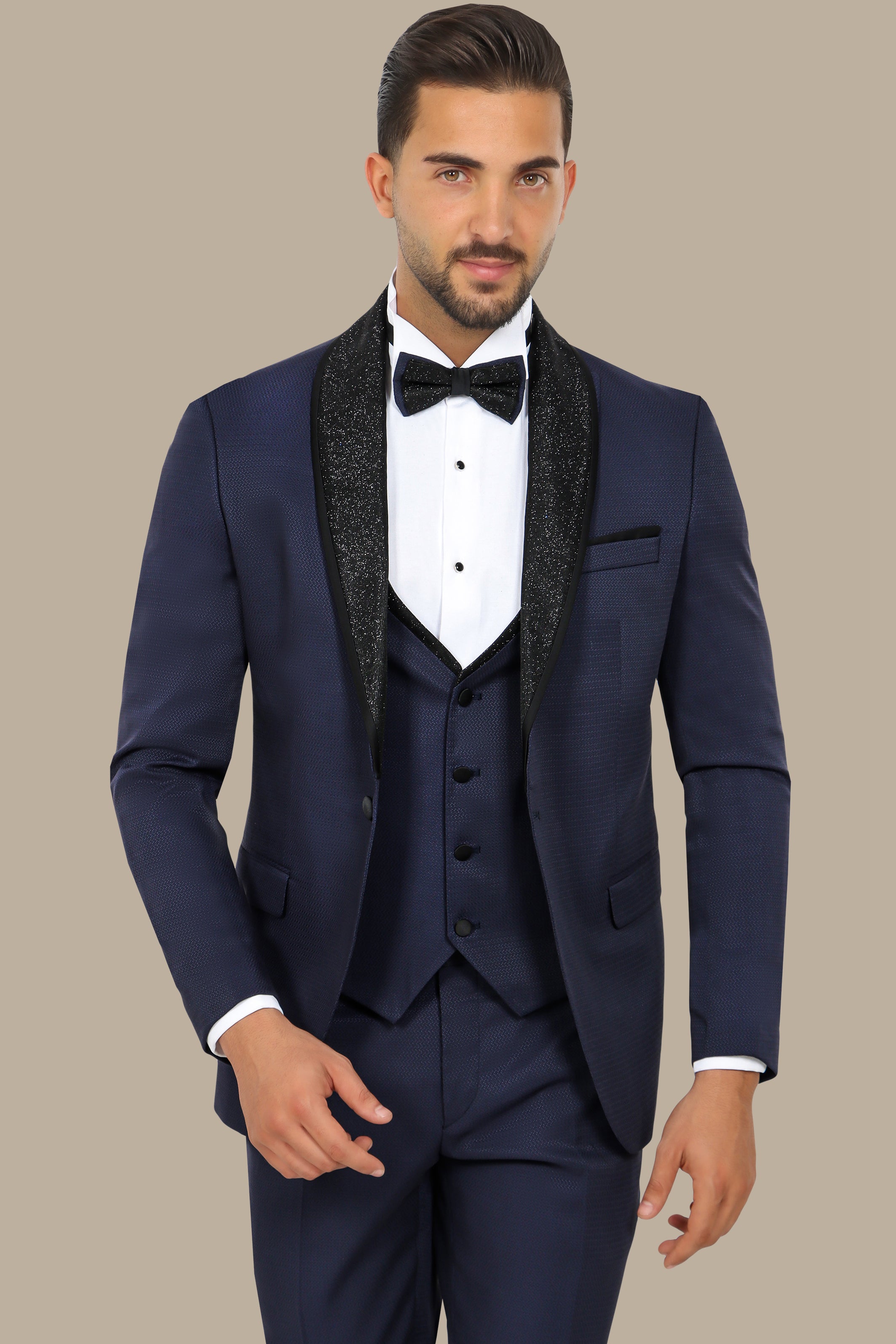 Navy Structured Tuxedo with Glittered Collar – 4-Piece Set