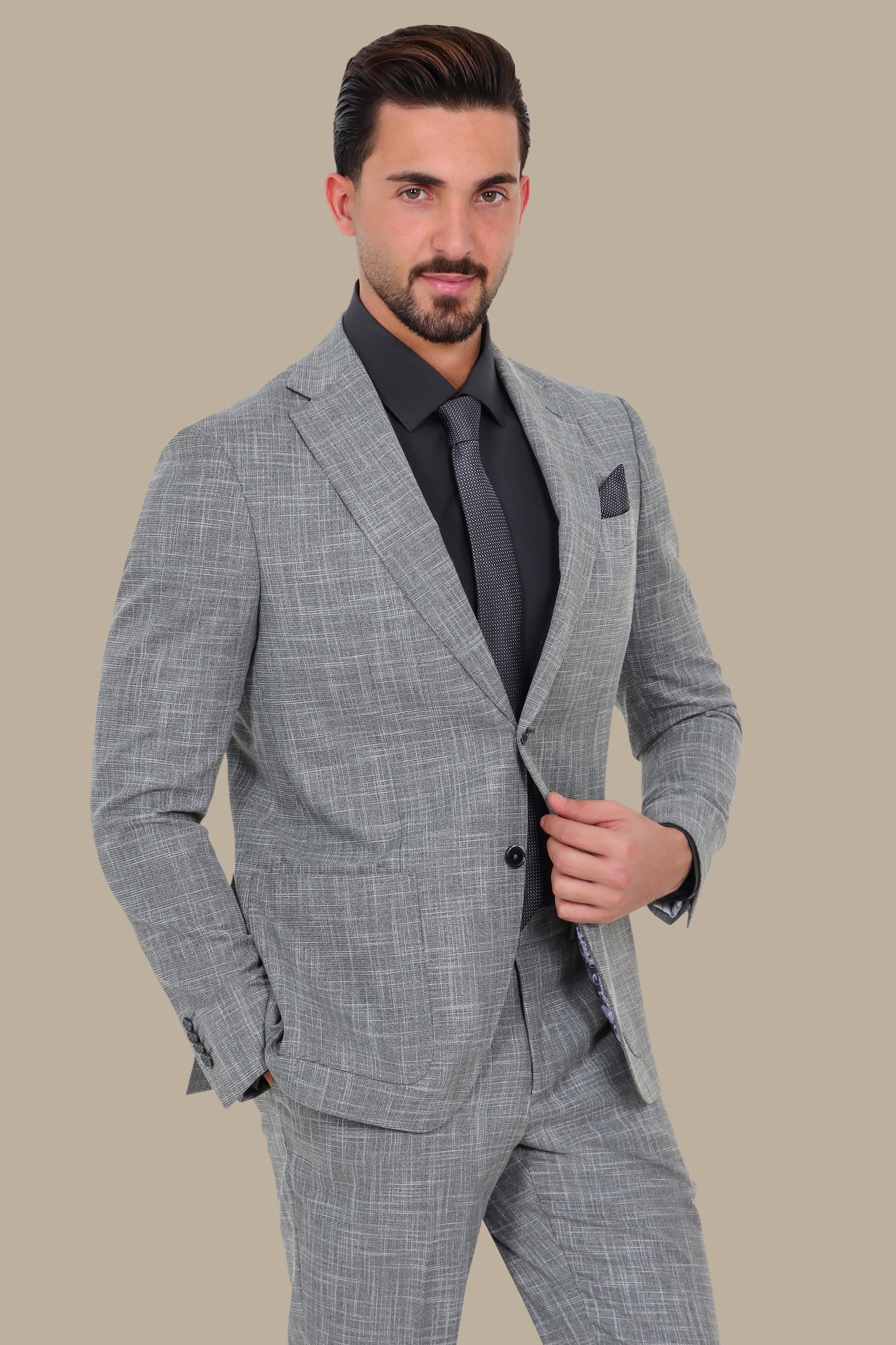 Grey Slim Fit Suit with Down Notch Patch Pockets