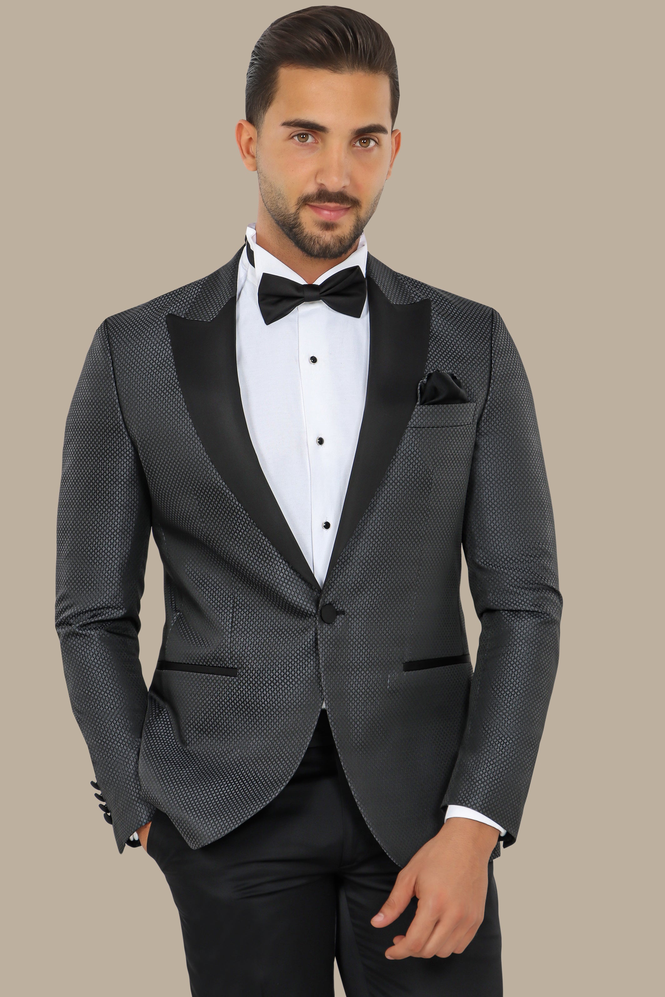 Dark Grey Tuxedo with Small Lozenge Pattern and Peak Lapel – 3-Piece Set