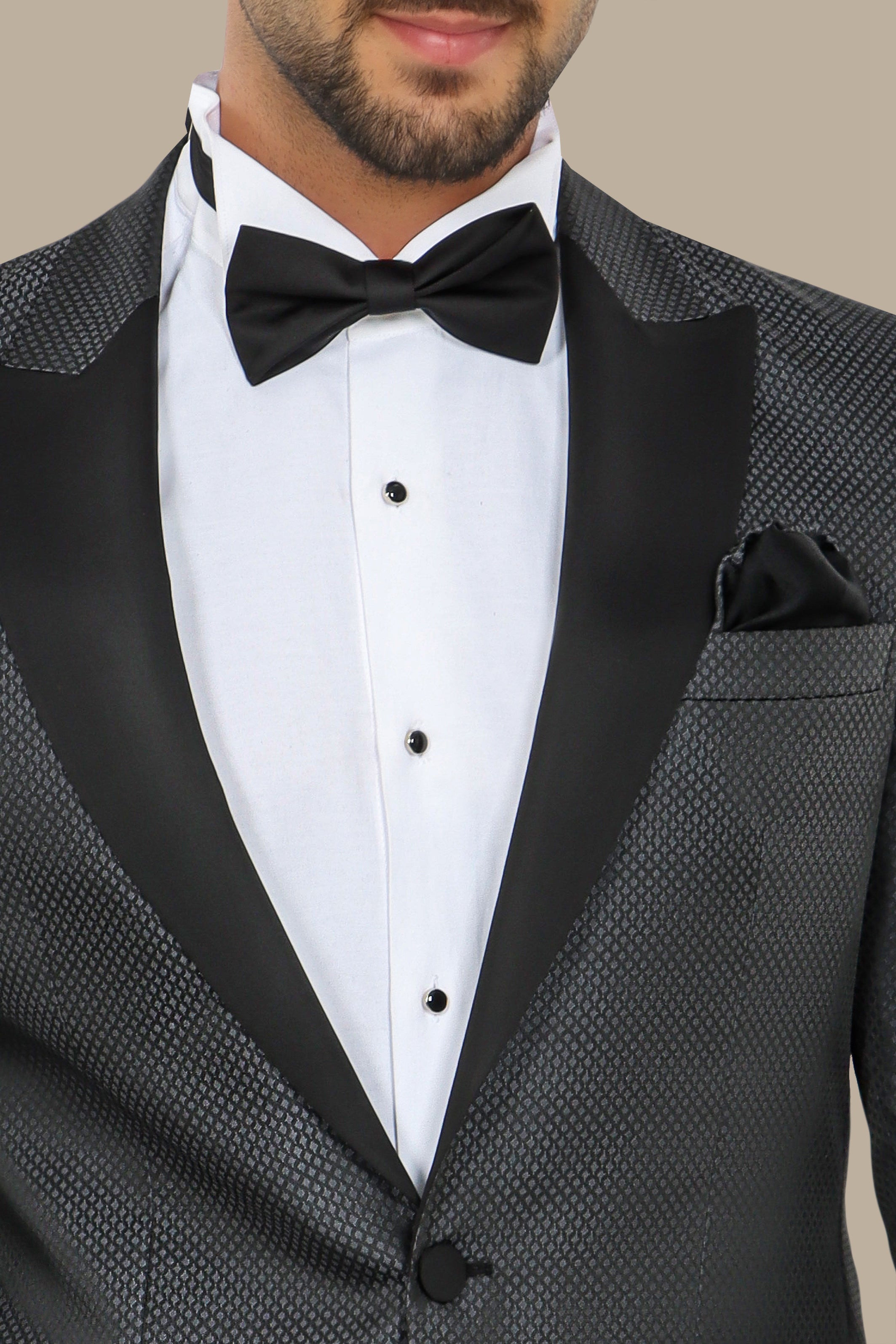 Dark Grey Tuxedo with Small Lozenge Pattern and Peak Lapel – 3-Piece Set