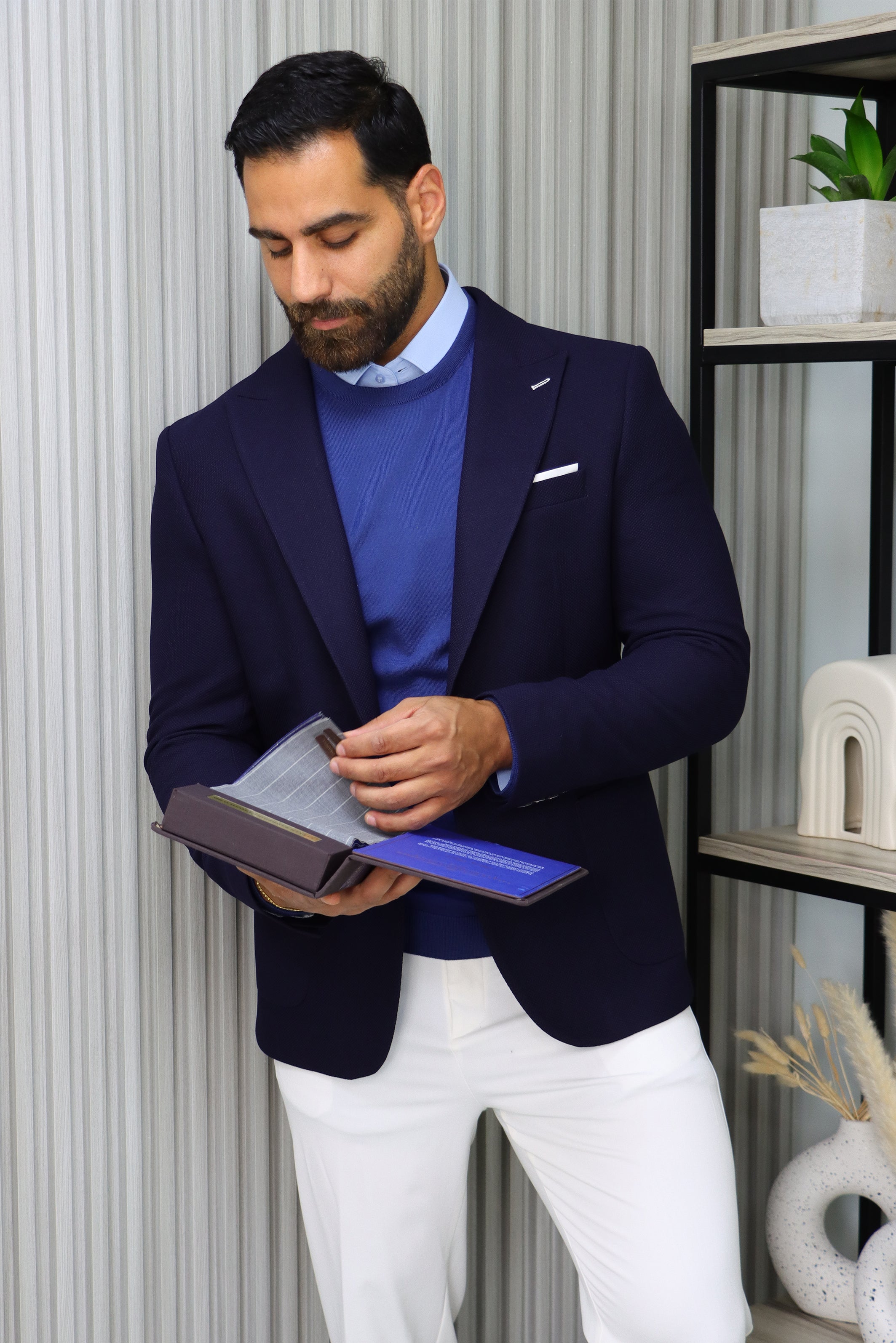 Dark Navy Piquet Blazer with Peak Lapel