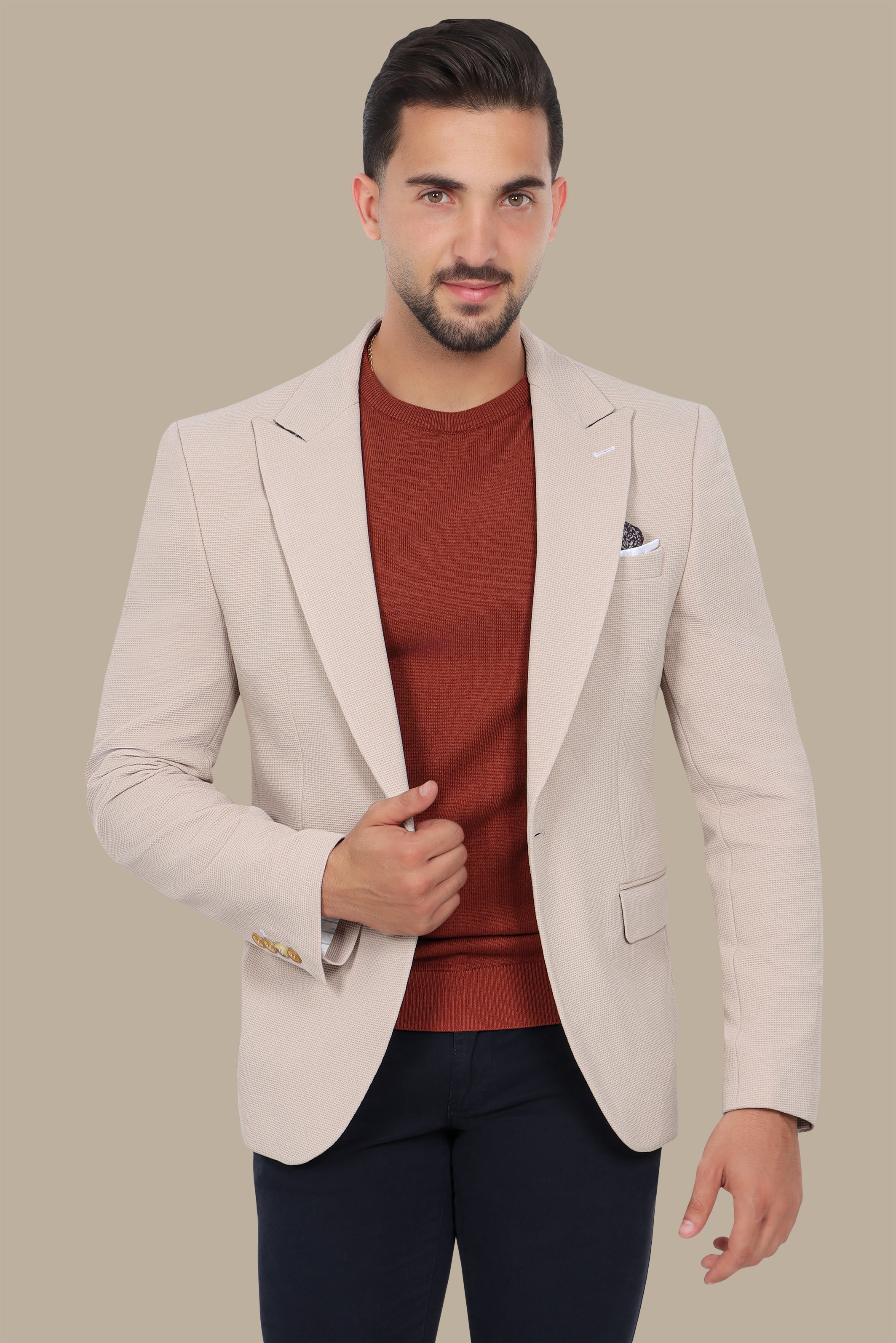 Classic Chic: Beige Structured Peak Lapel Blazer