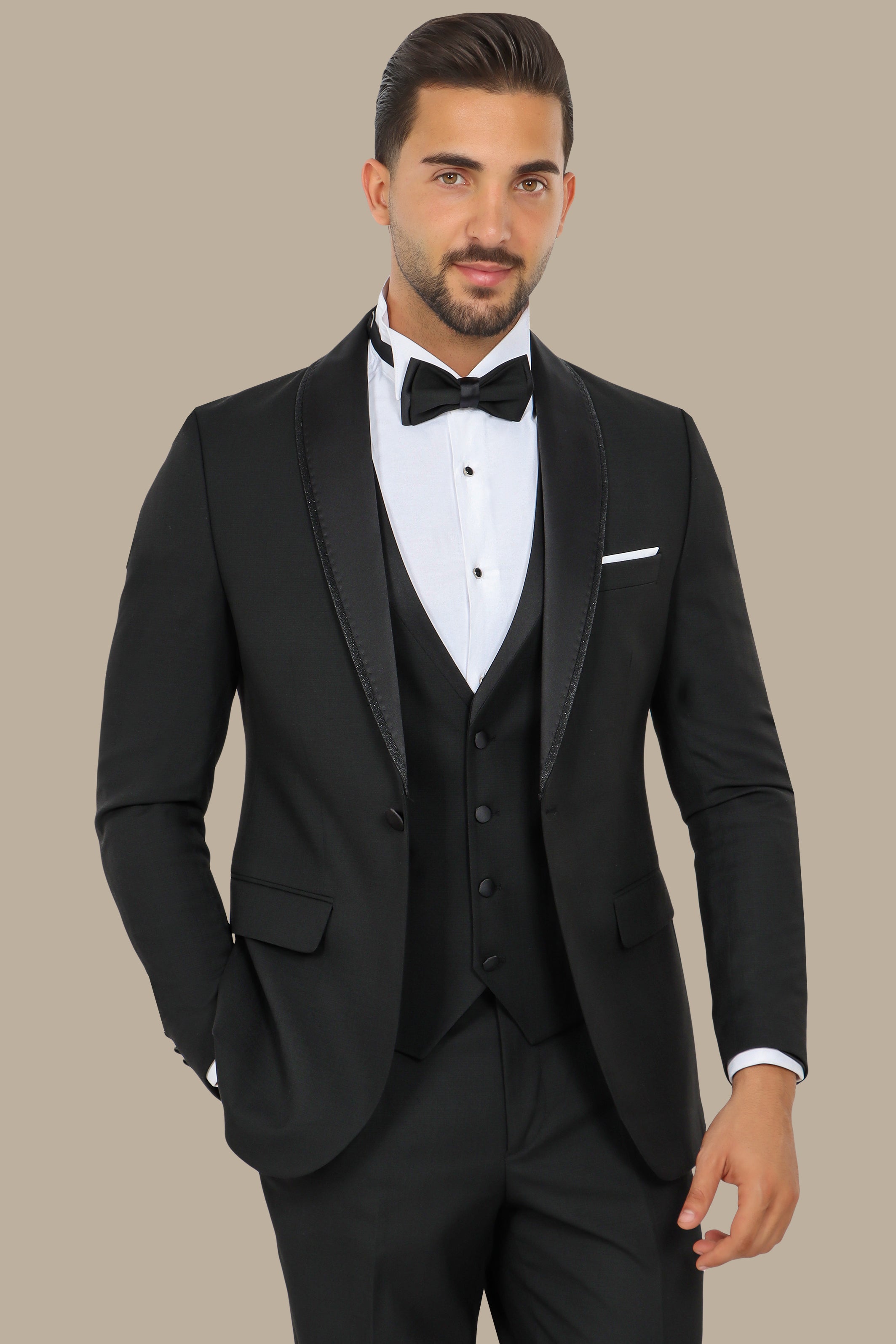 Black Tuxedo with Structured Double-Layer Shawl Collar – 4-Piece Set