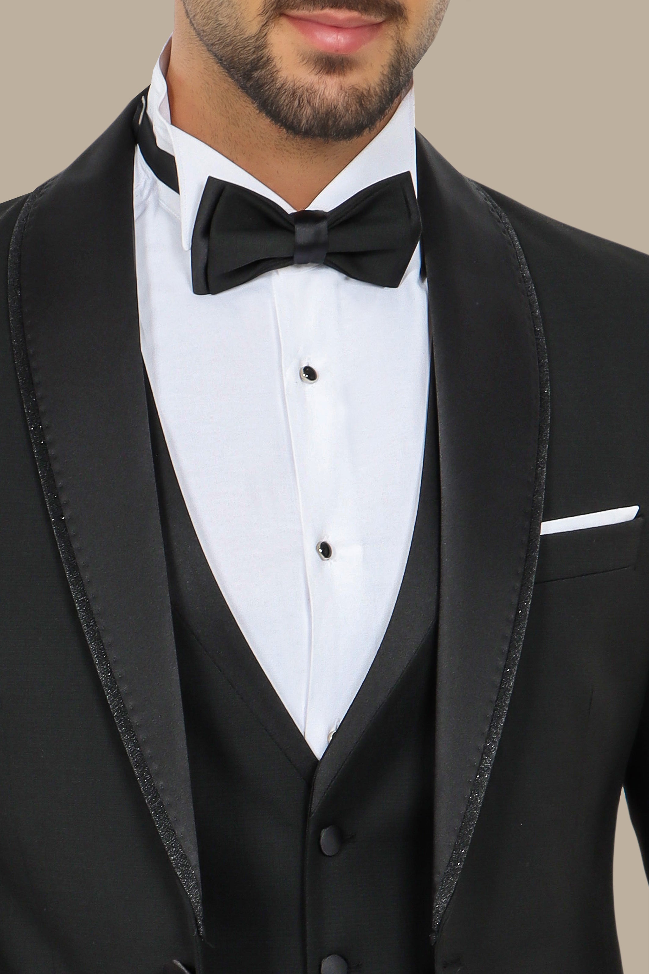 Black Tuxedo with Structured Double-Layer Shawl Collar – 4-Piece Set