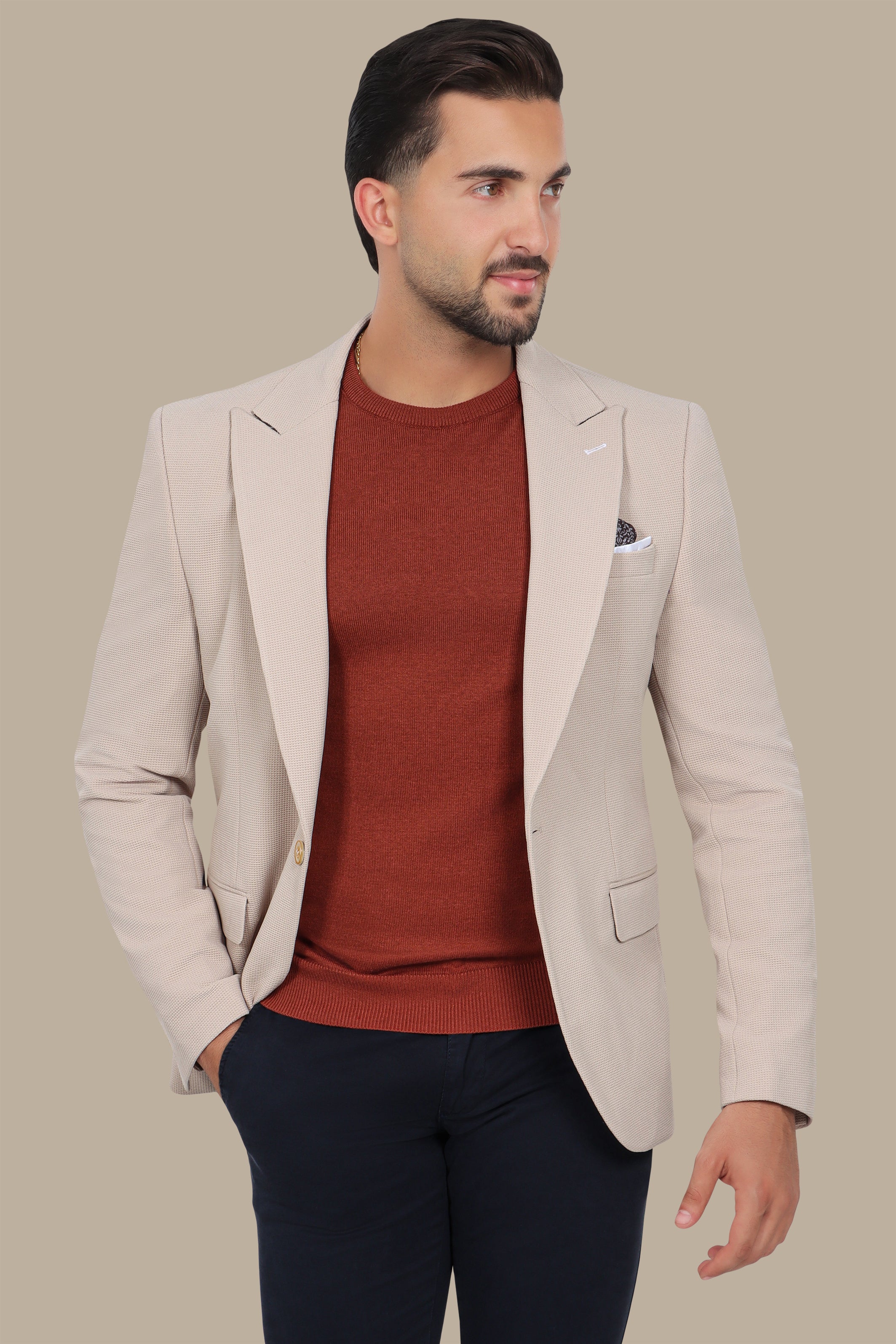 Classic Chic: Beige Structured Peak Lapel Blazer