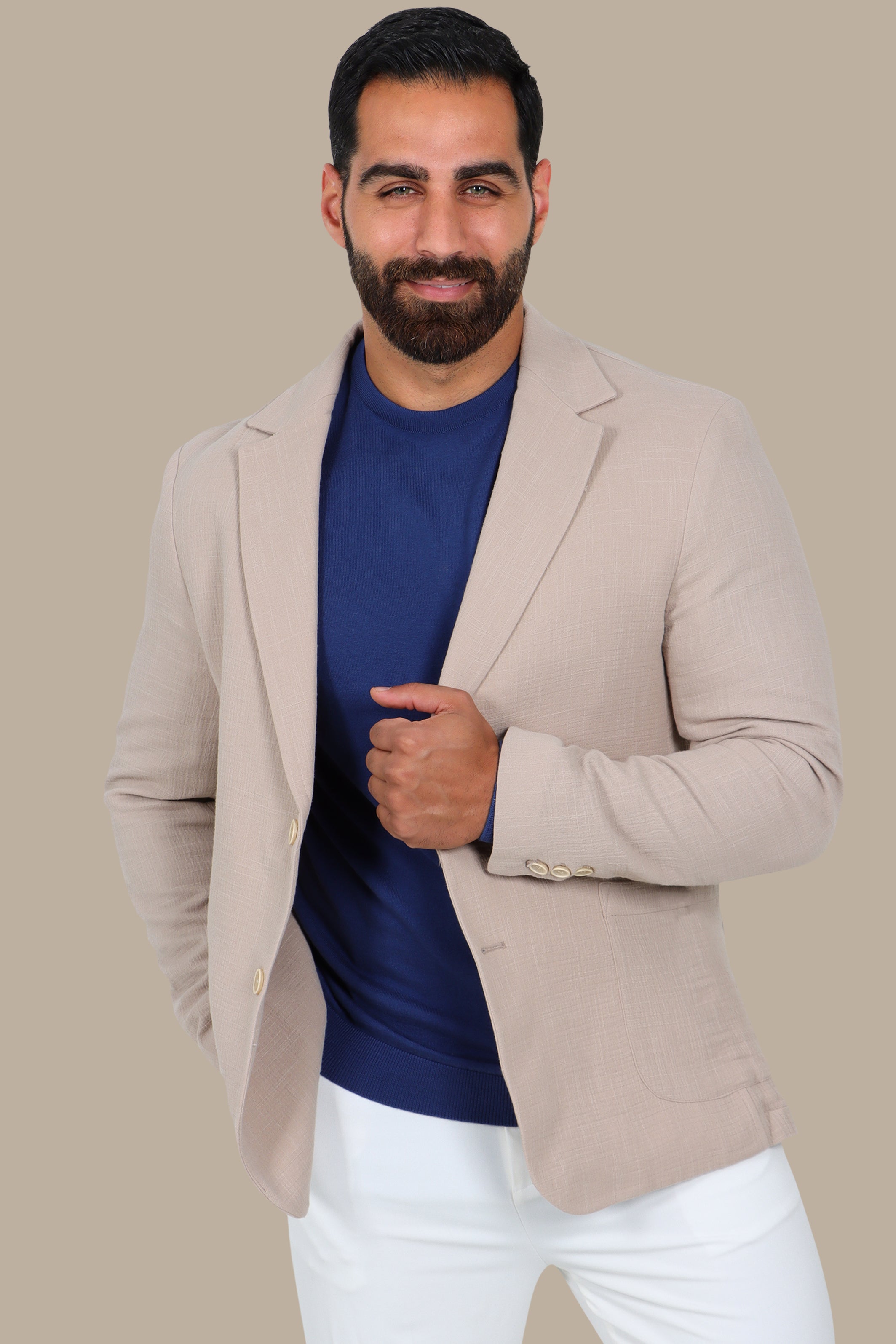 Beige Linen Blazer with Notch Lapel