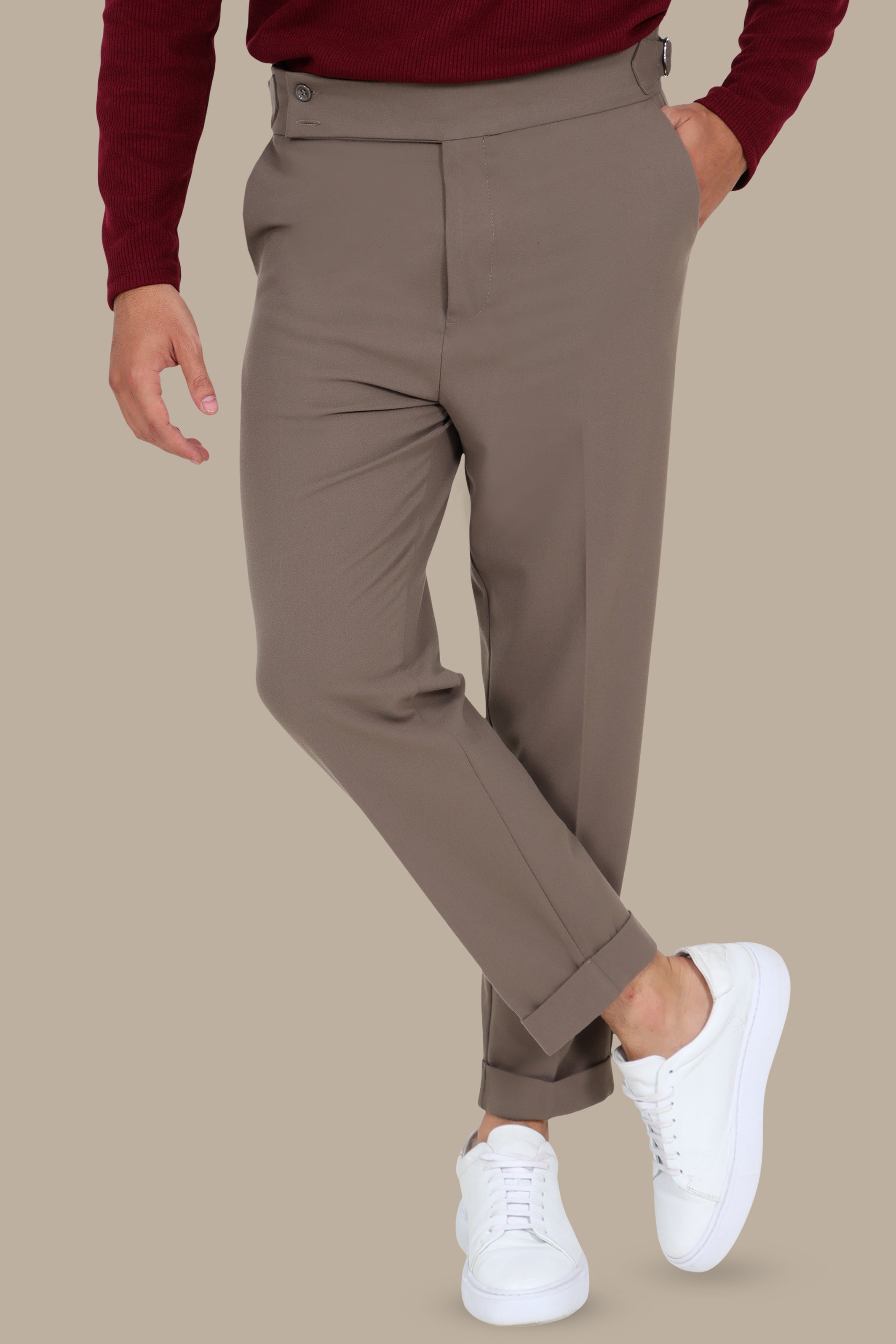 Mocha Slim-Fit Pants – Wide Waist with Double Button