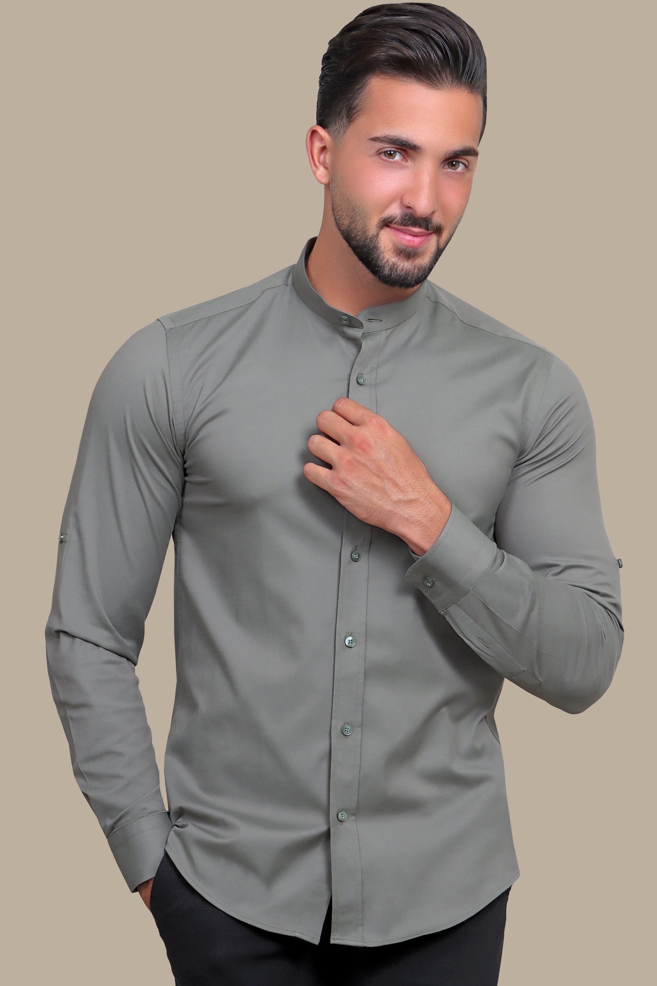 Khaki Casual Lycra Col Mao Shirt