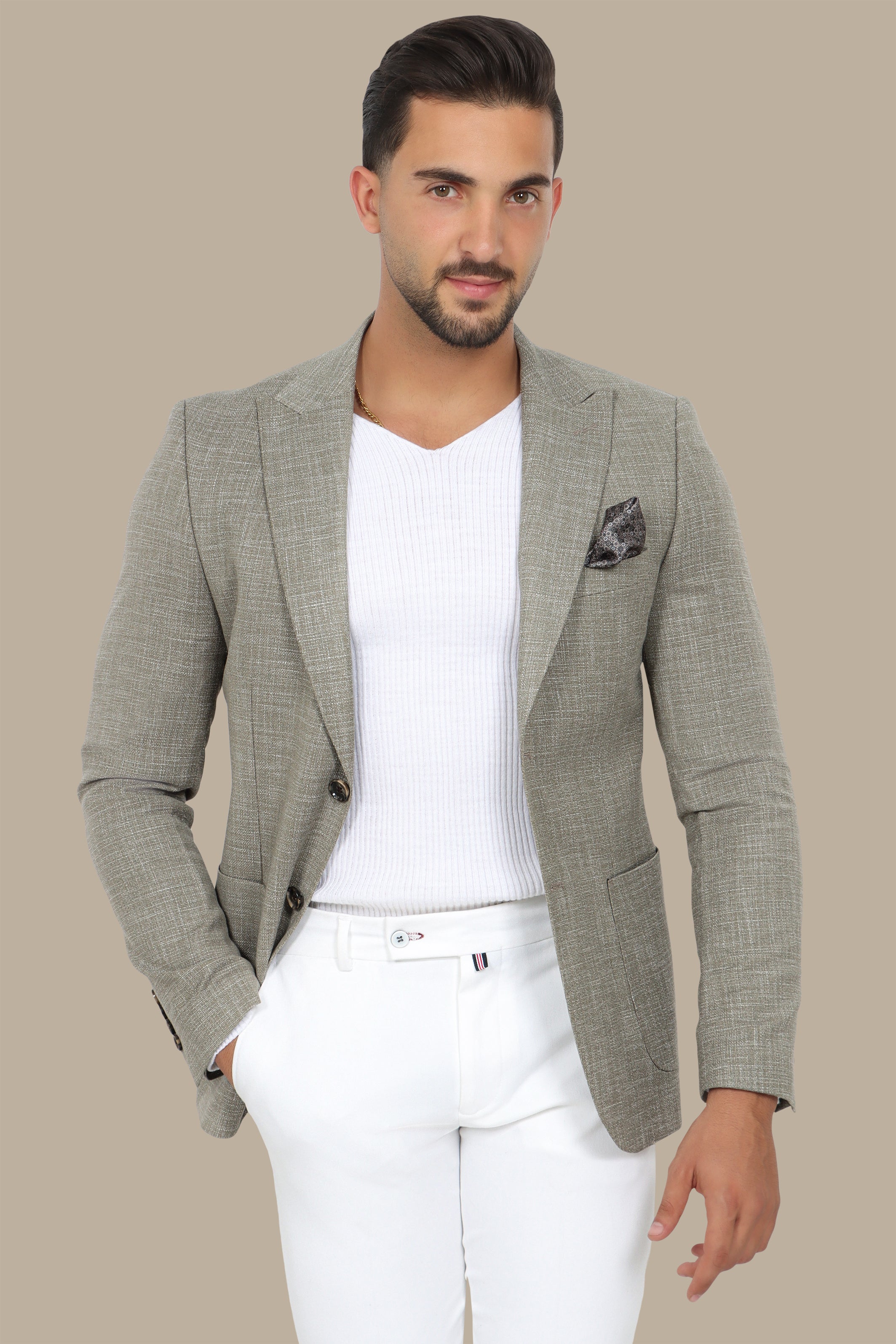 Olive Cotton Fil-a-Fil Blazer with Peak Lapel