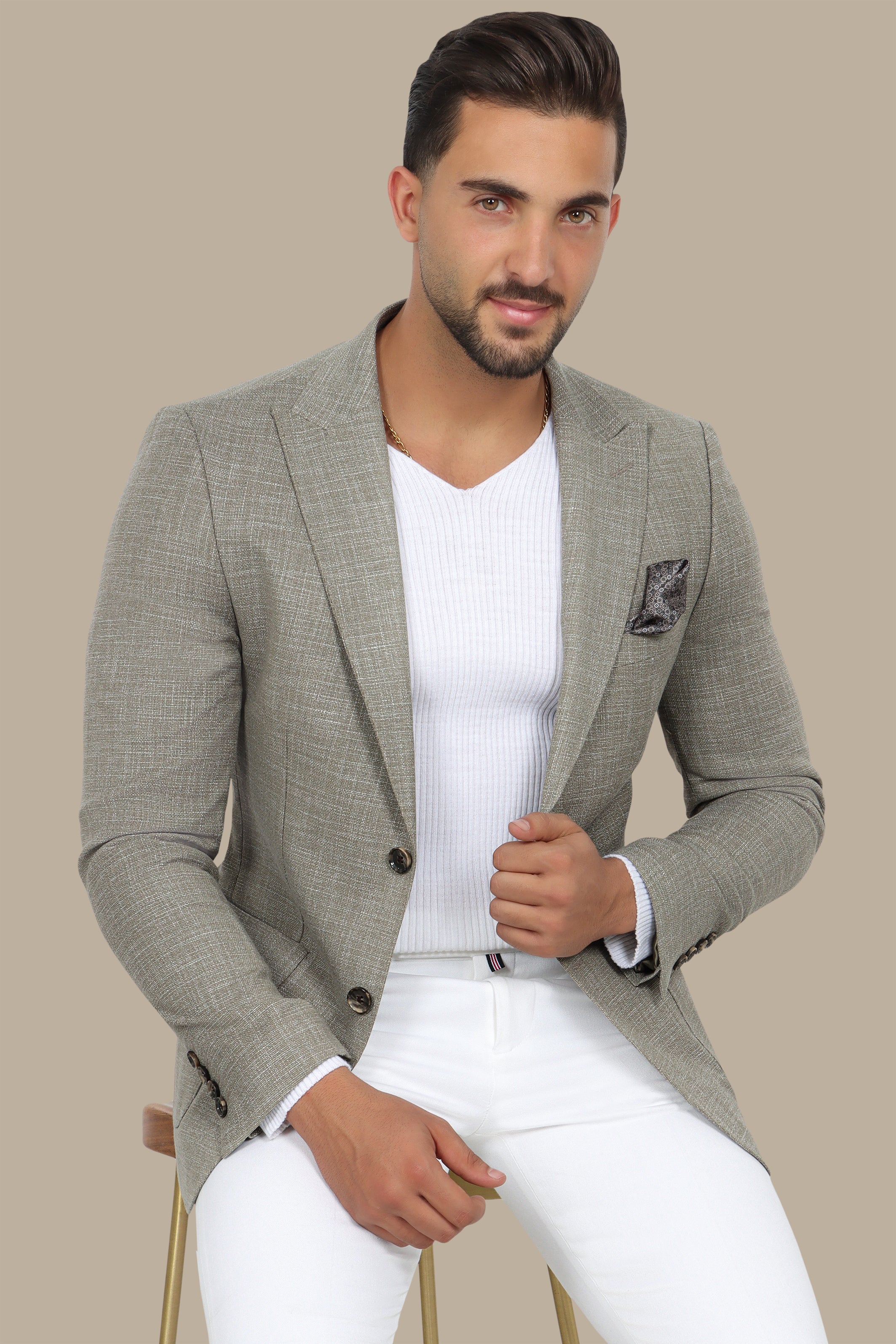 Olive Cotton Fil-a-Fil Blazer with Peak Lapel