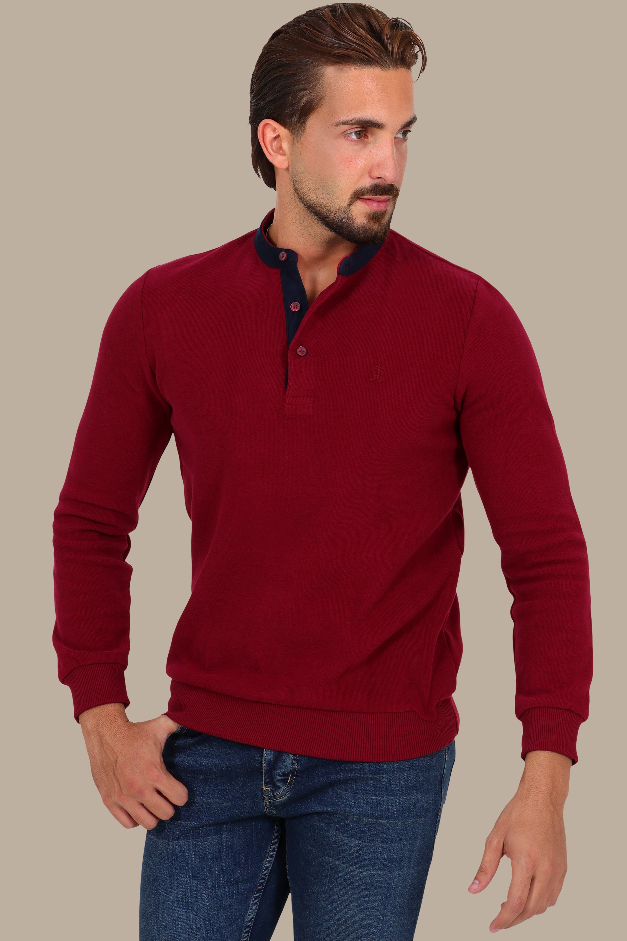 Long-Sleeve Mao Collar Velvet Polo with Brim in Burgundy