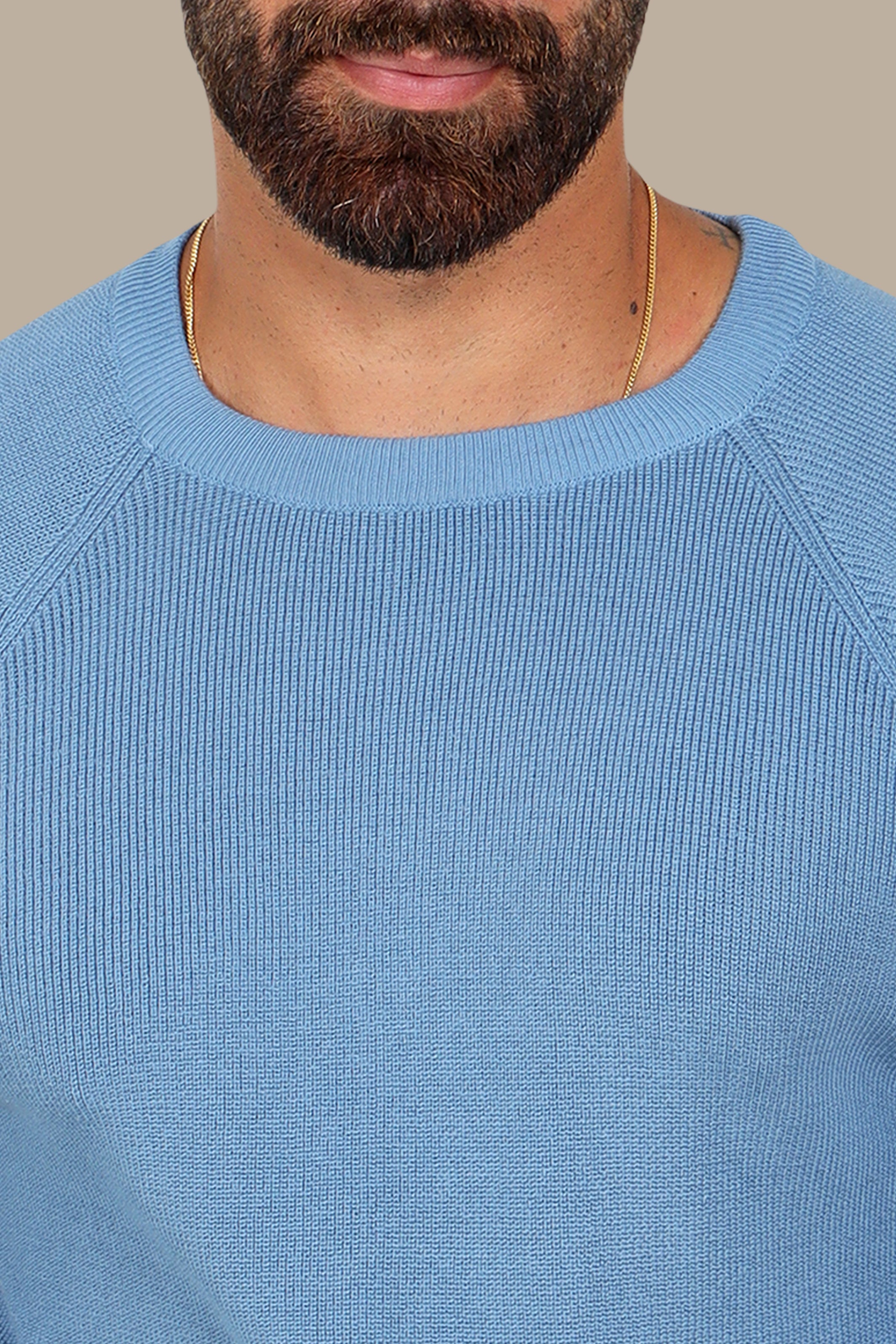 Sophisticated Style: Light Blue Round Neck Sweater with Shoulder Cups