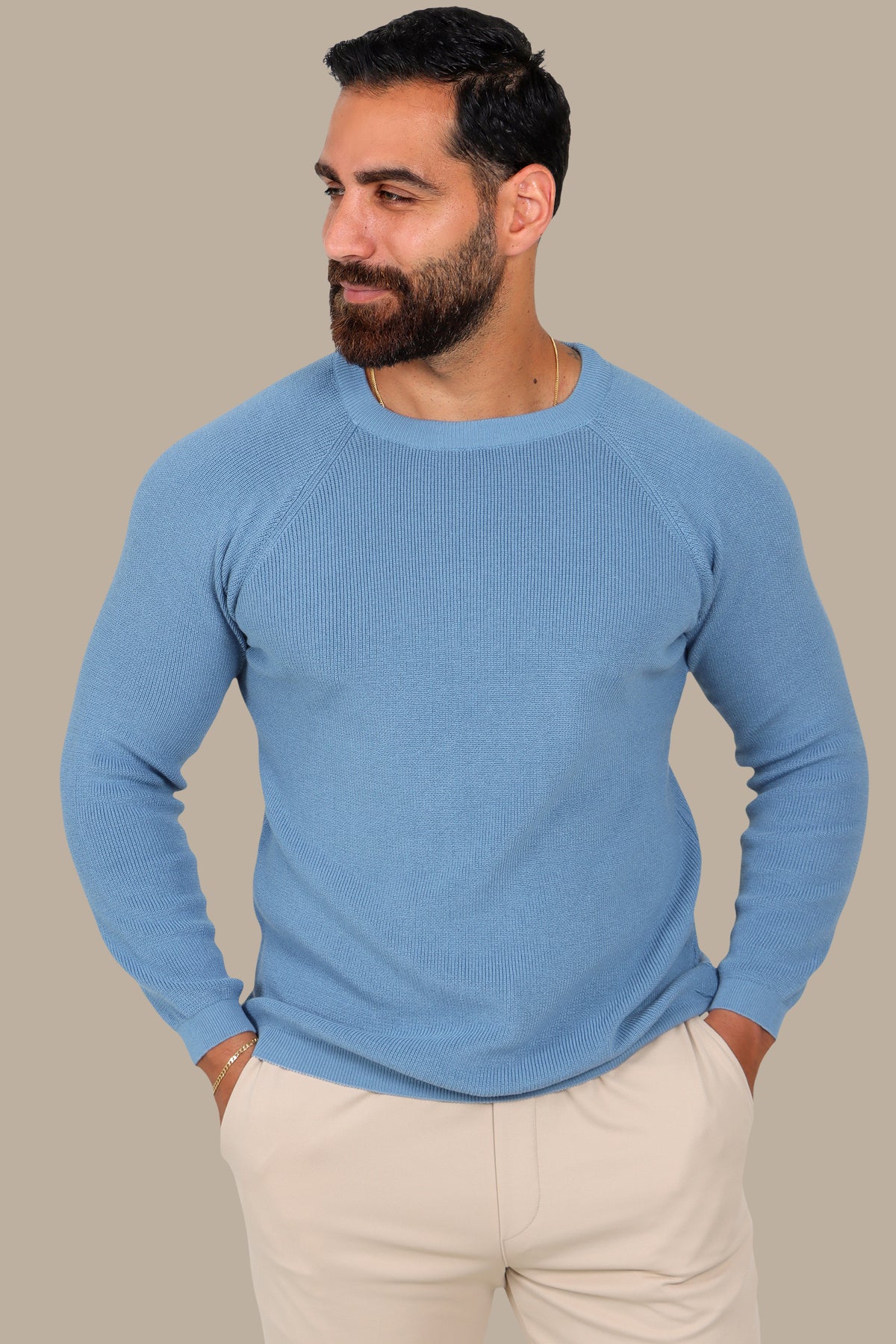 Sophisticated Style: Light Blue Round Neck Sweater with Shoulder Cups